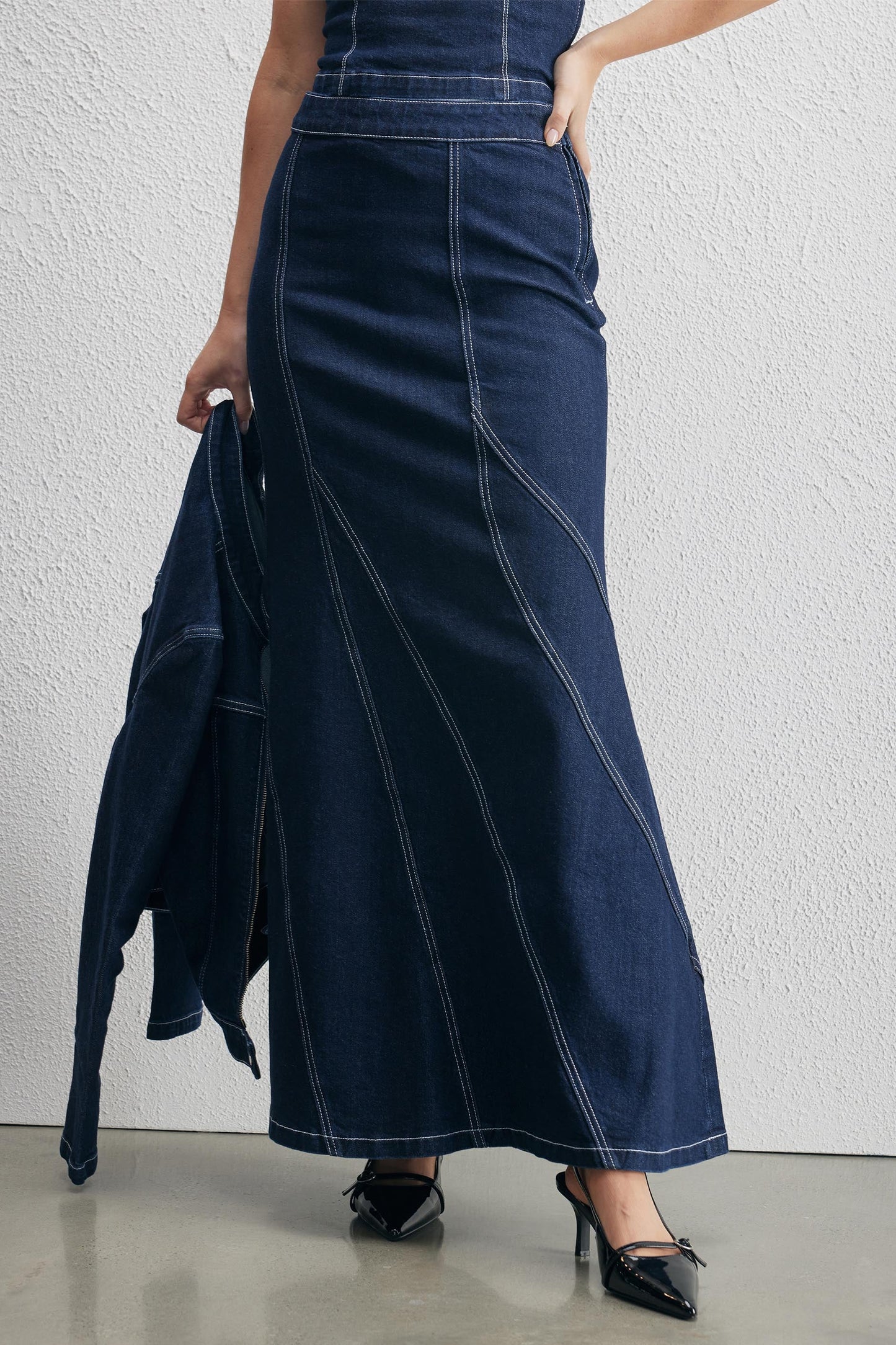 Paisley Flute Denim Maxi Skirt