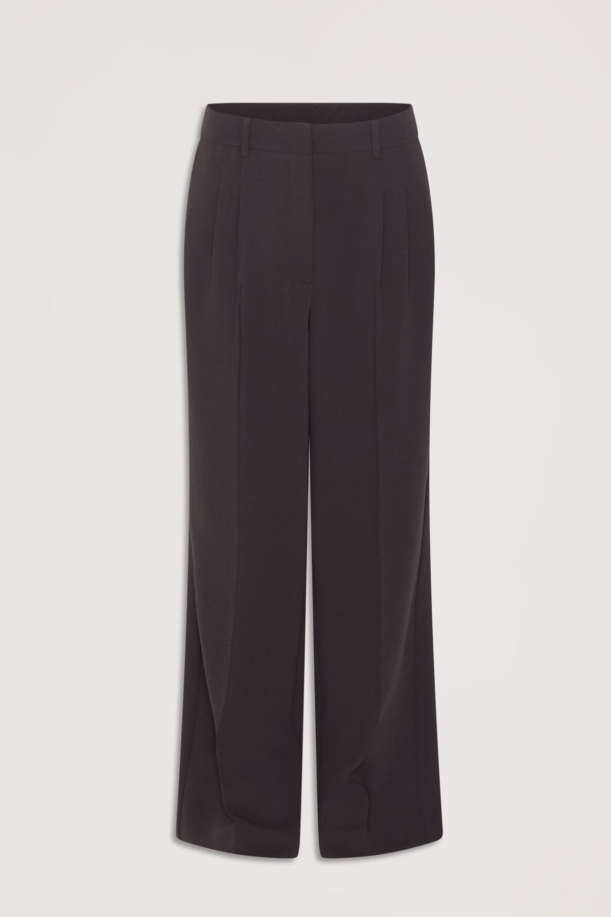 Dark tailored wide-leg pants with belt loops and pressed creases for a sleek, versatile work-to-weekend look