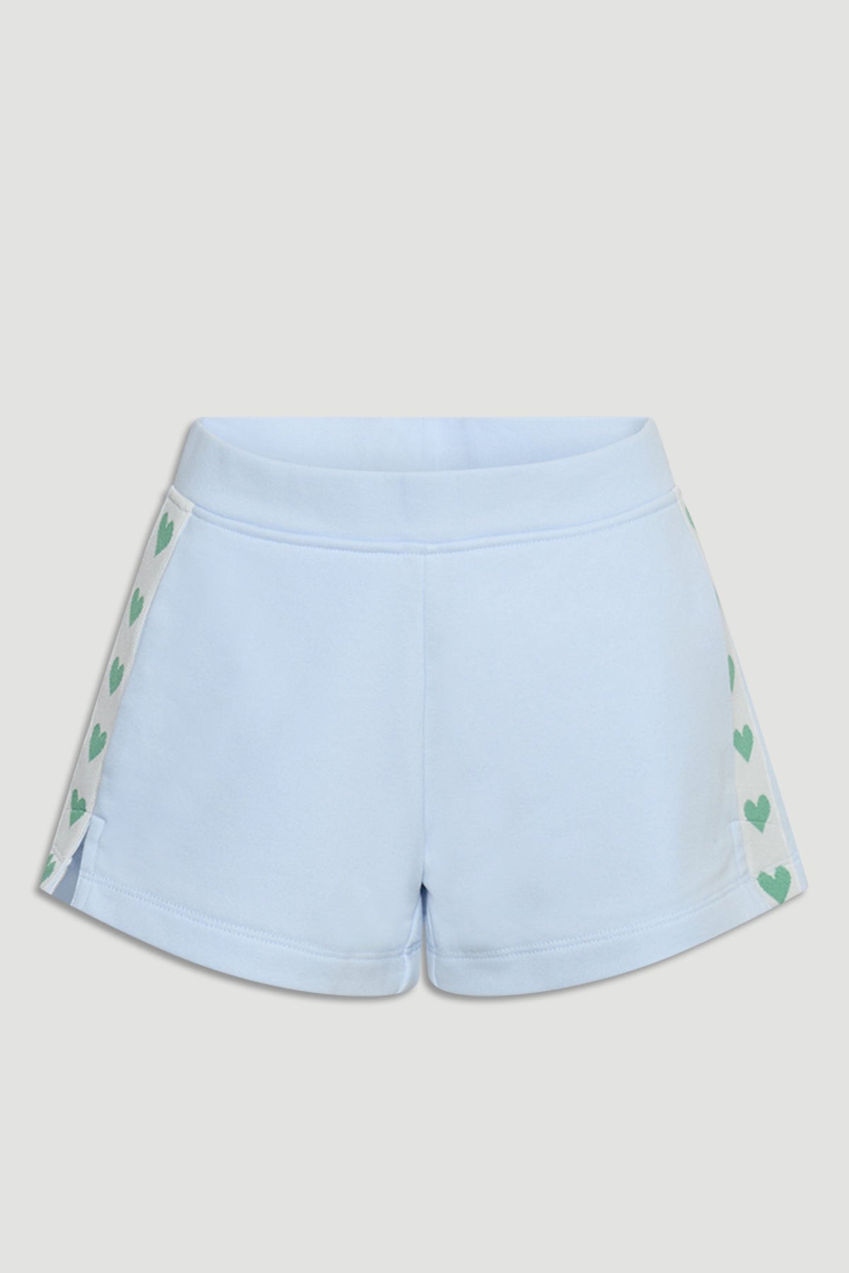 Light blue girls sweat shorts with elastic waistband and green heart side panels