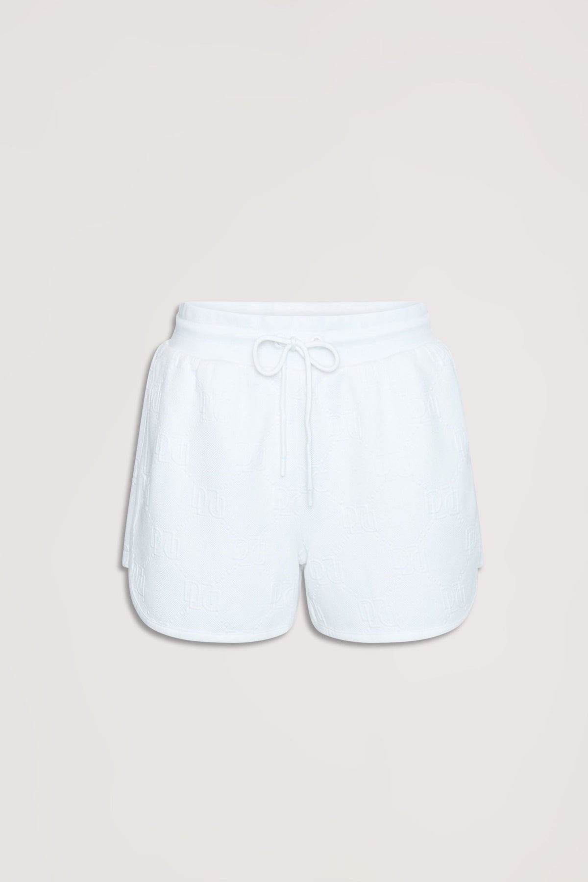 White sweat shorts with embossed texture, featuring a drawstring waist and comfortable relaxed fit for casual wear