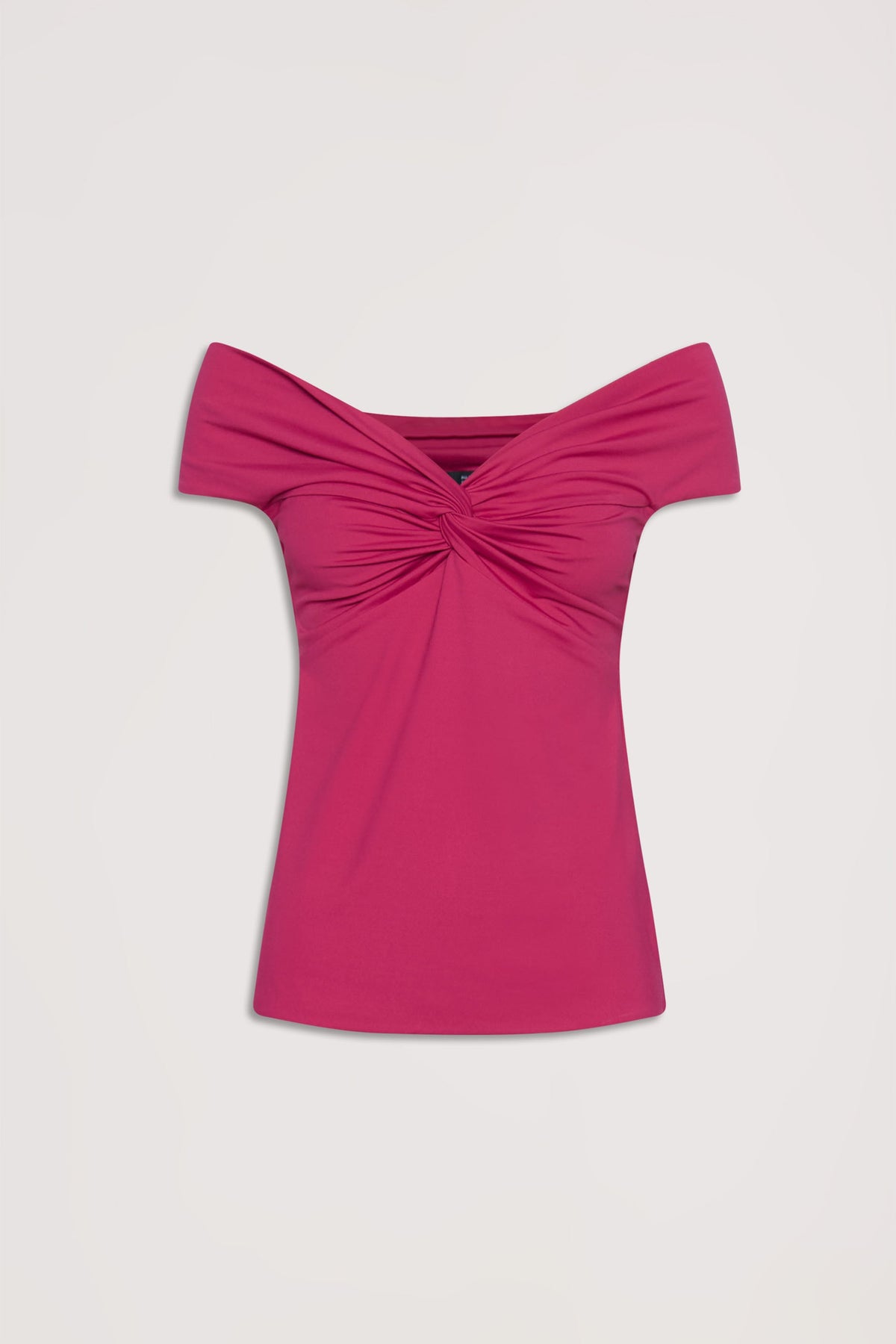 Fitted off-shoulder twist top in rich cerise with short sleeves and gathered front detail for a flattering silhouette