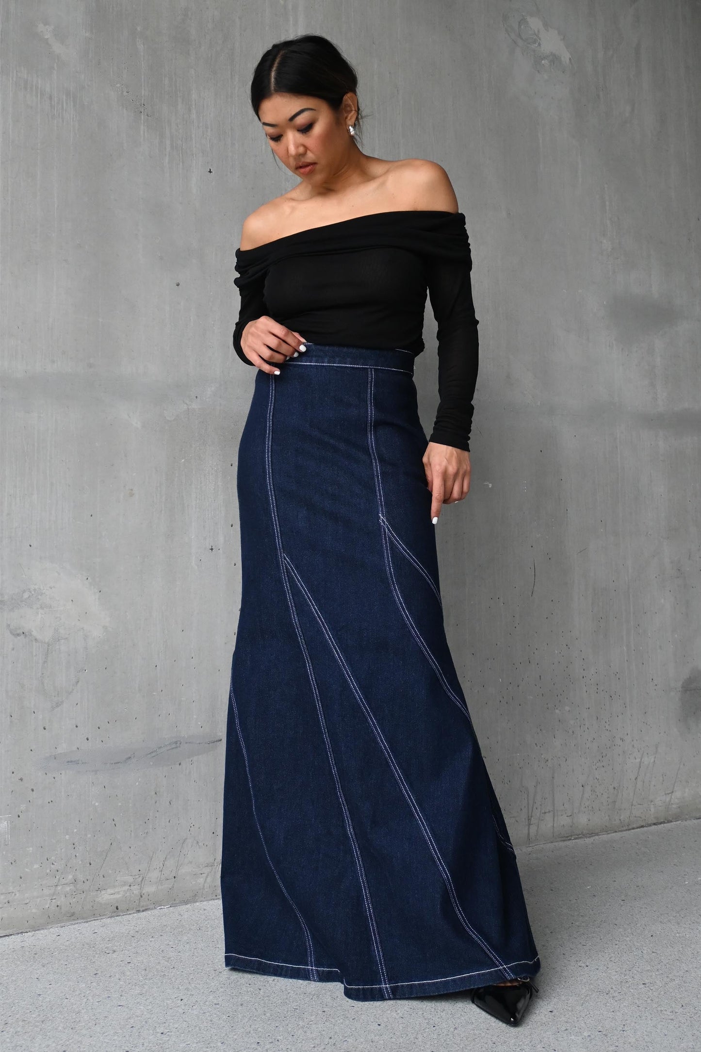Paisley Flute Denim Maxi Skirt