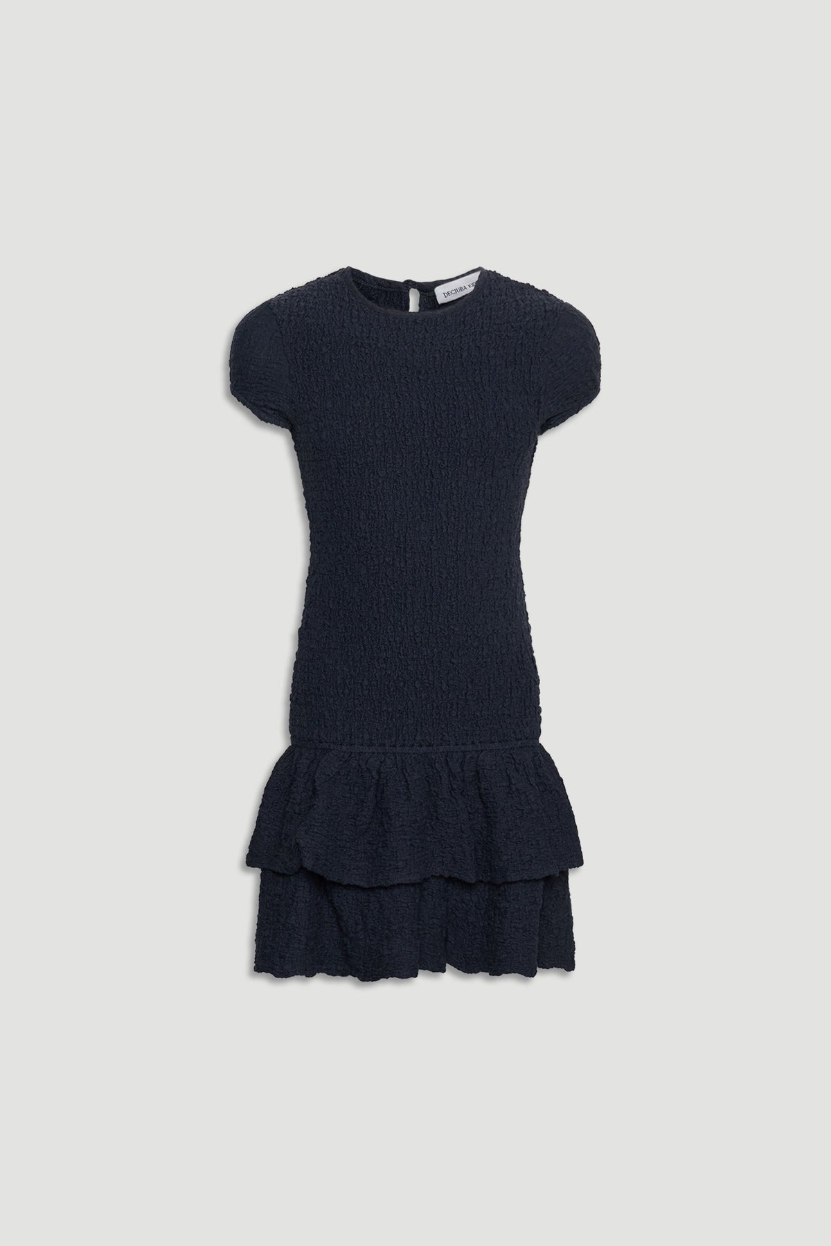 Navy blue shirred girls dress with short sleeves and layered ruffle hem, perfect for casual and special occasions.