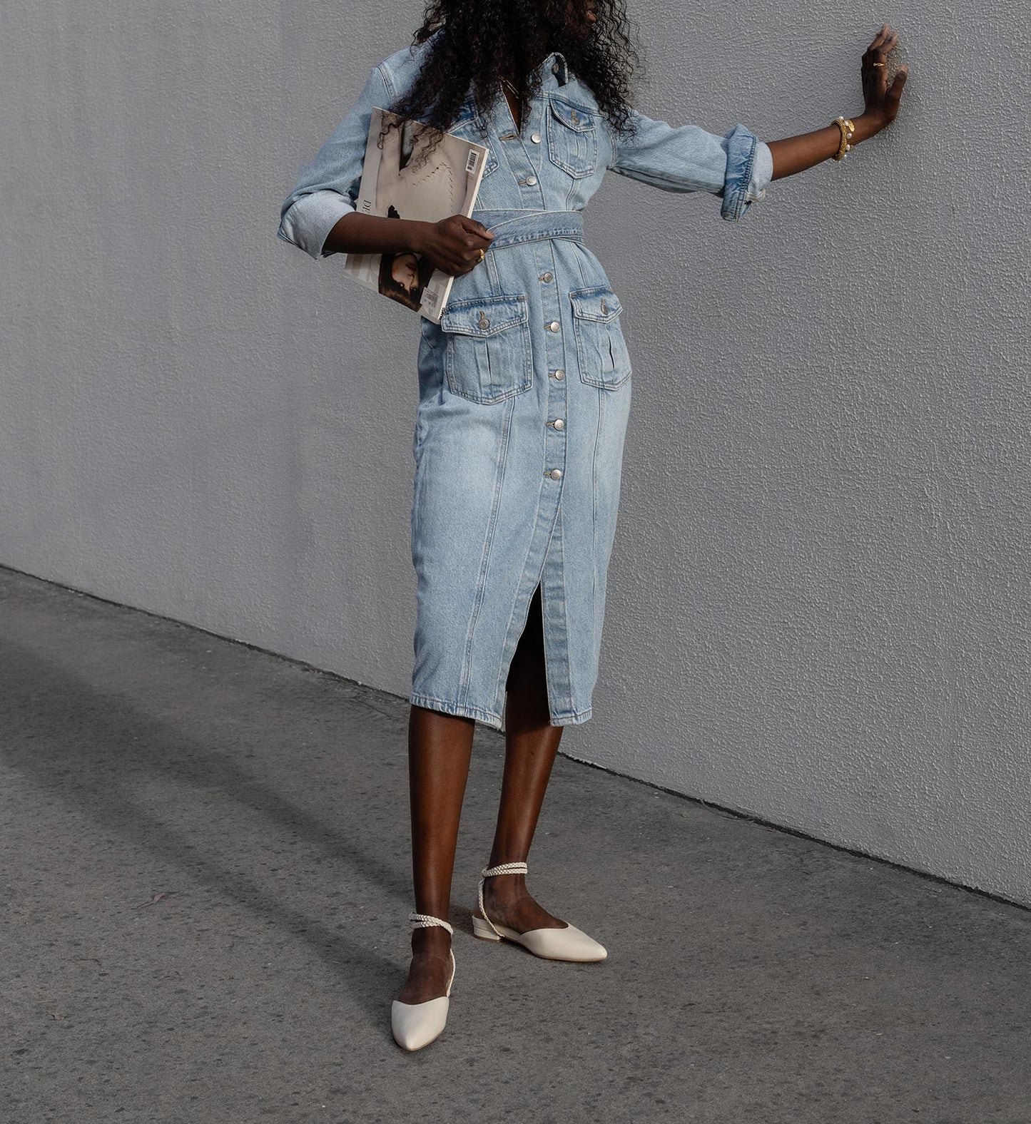 women's ecru leather pointed flats with denim dress