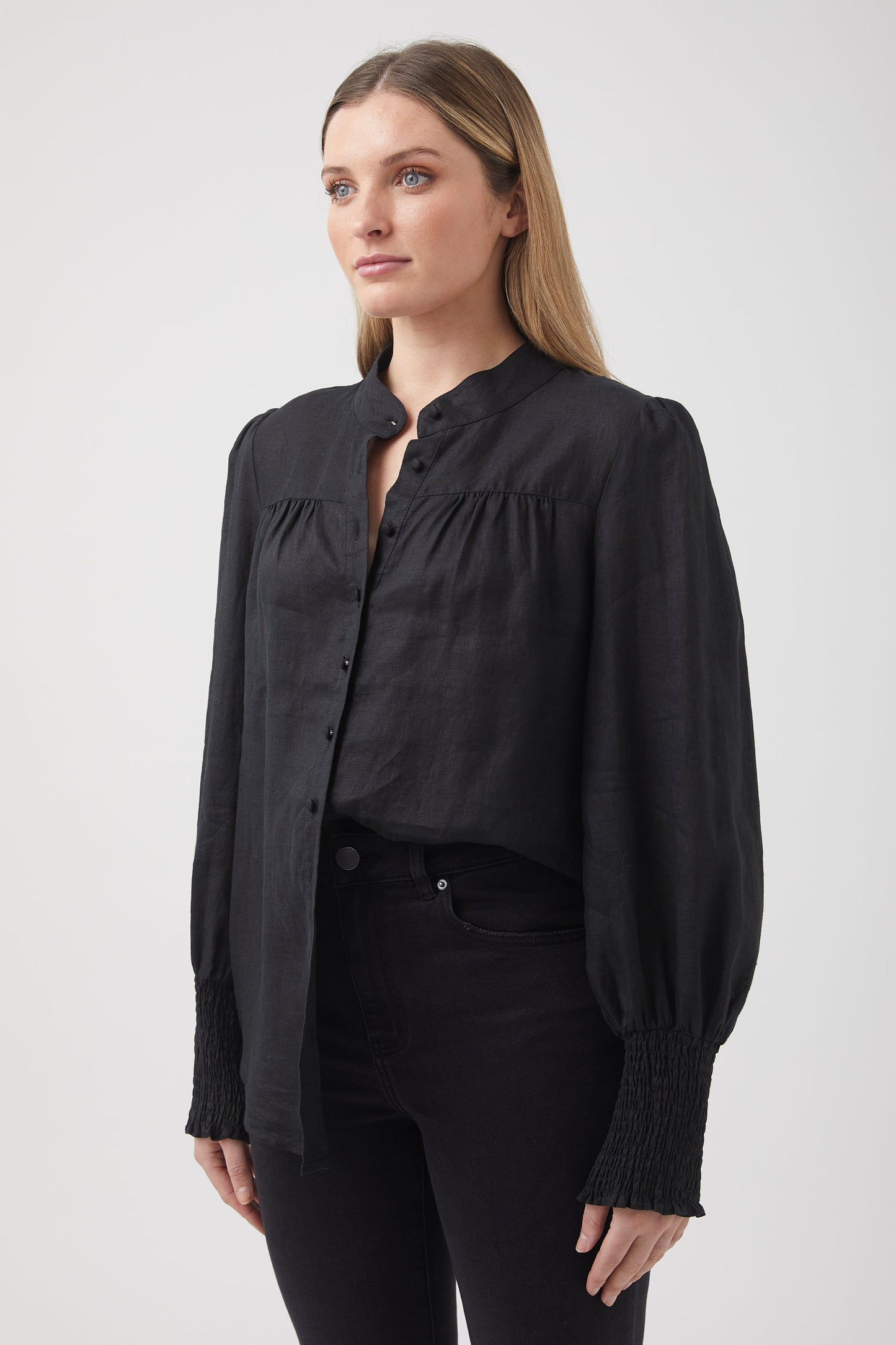Cassie Collarless Linen Shirt