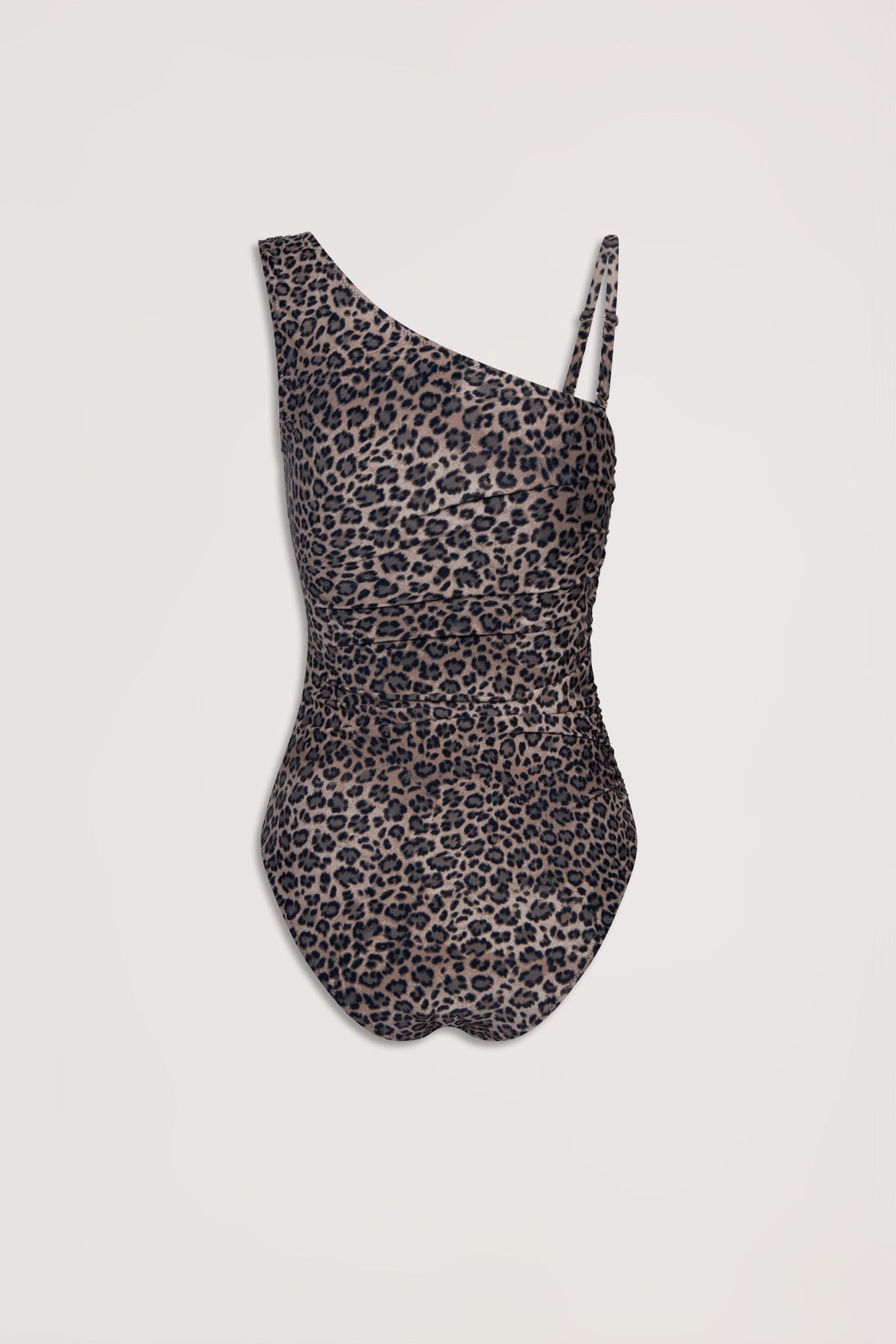 Leopard print matte one-shoulder swimsuit with dual thin straps on one side for a chic and modern silhouette.
