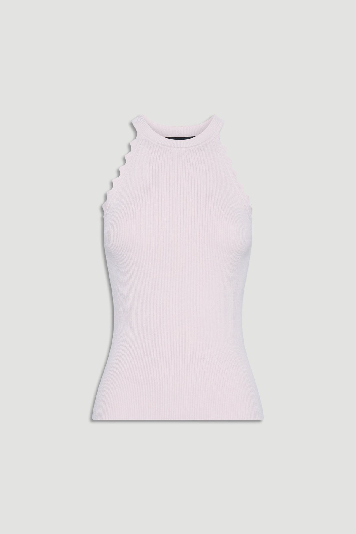 Soft pink ribbed halter tank top with scalloped edges, designed for comfortable and stylish everyday wear.