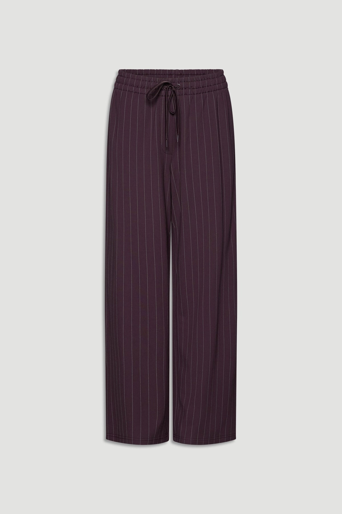 Deep plum relaxed-fit pants with subtle pinstripes and an adjustable drawstring waist for effortless, stylish comfort.