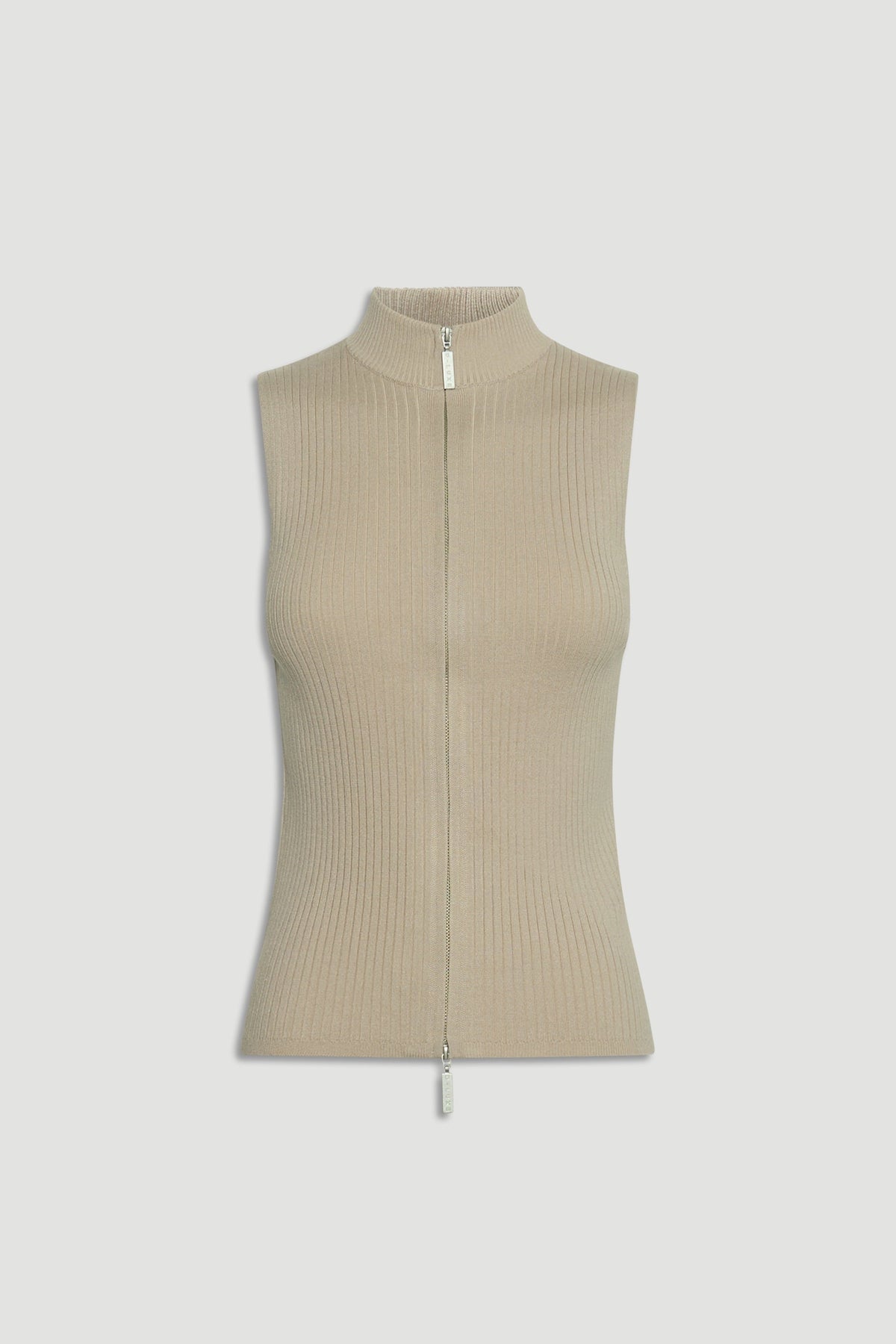 Sleeveless beige knit top with a high neck and full front zipper, featuring a ribbed textured design.