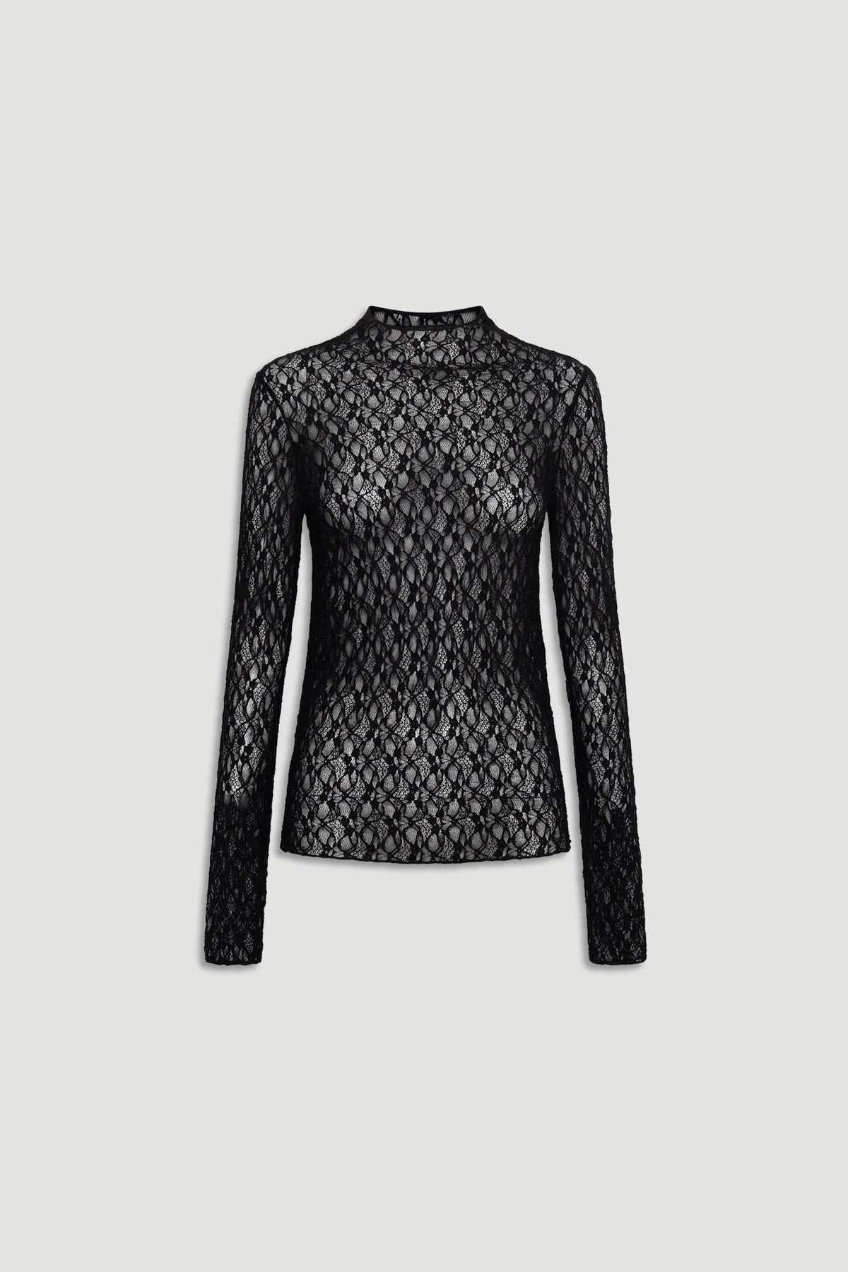 Black long sleeve top featuring intricate lace pattern with a mock neck and a fitted silhouette