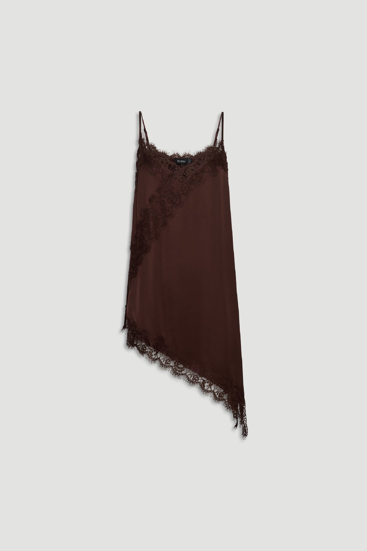 Asymmetrical brown Karla Lace Tunic with delicate lace trim neckline and hem by DECJUBA Australian fashion brand