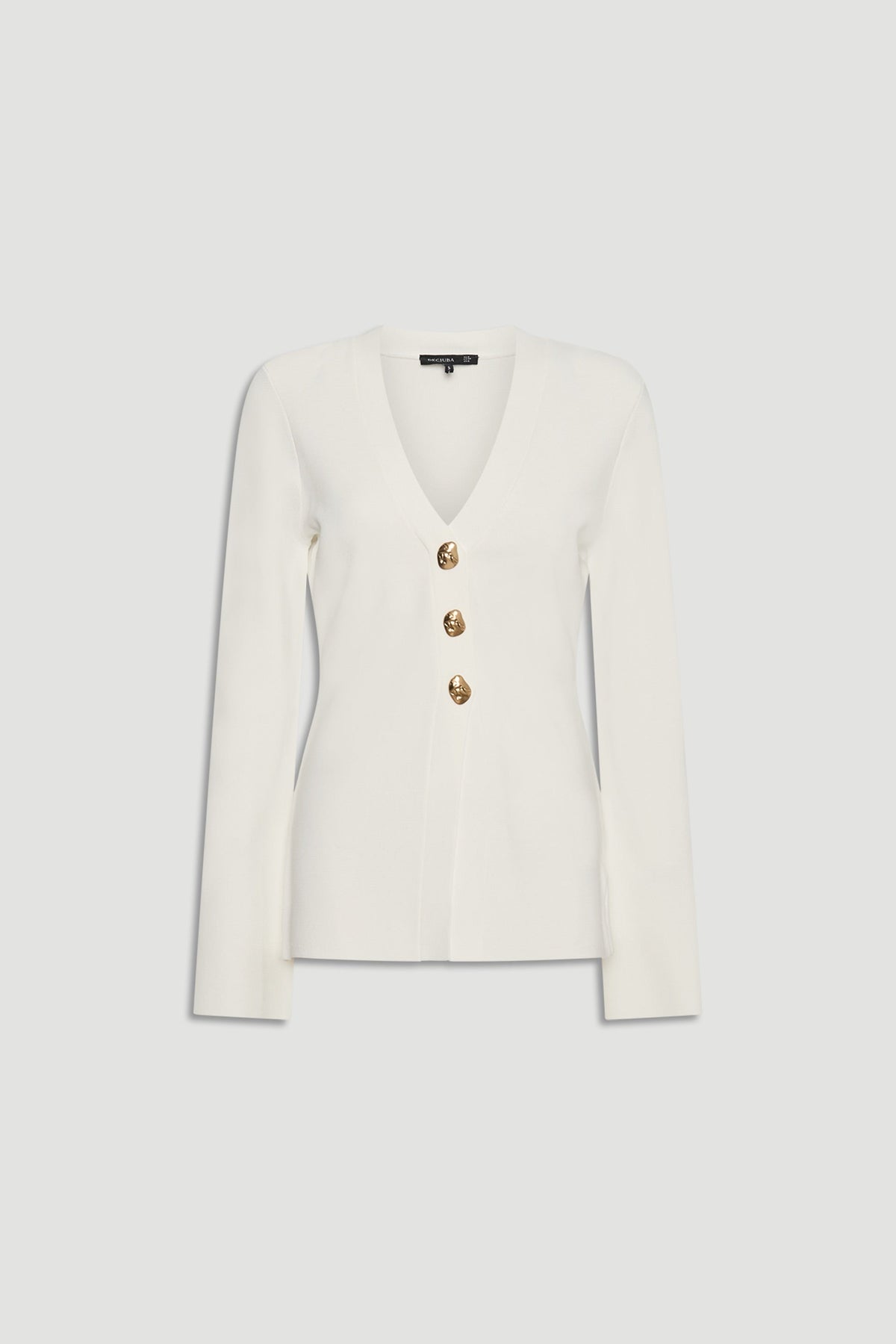 Ivory long-sleeve knit cardigan with a deep V-neck and three gold-tone buttons for a refined look