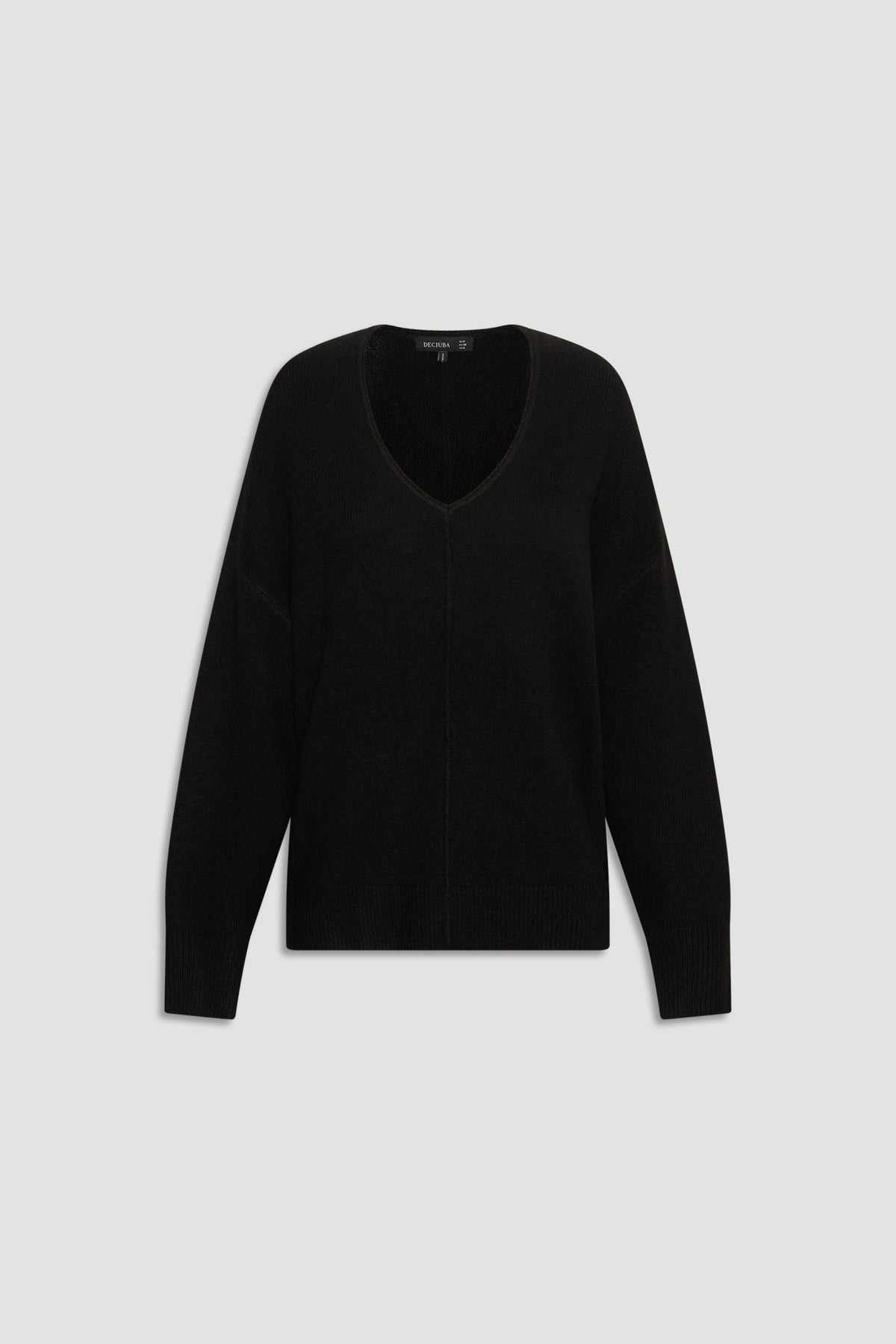 Black knit jumper with subtle seam detail and relaxed fit, featuring a deep V-neck for timeless knitwear style.