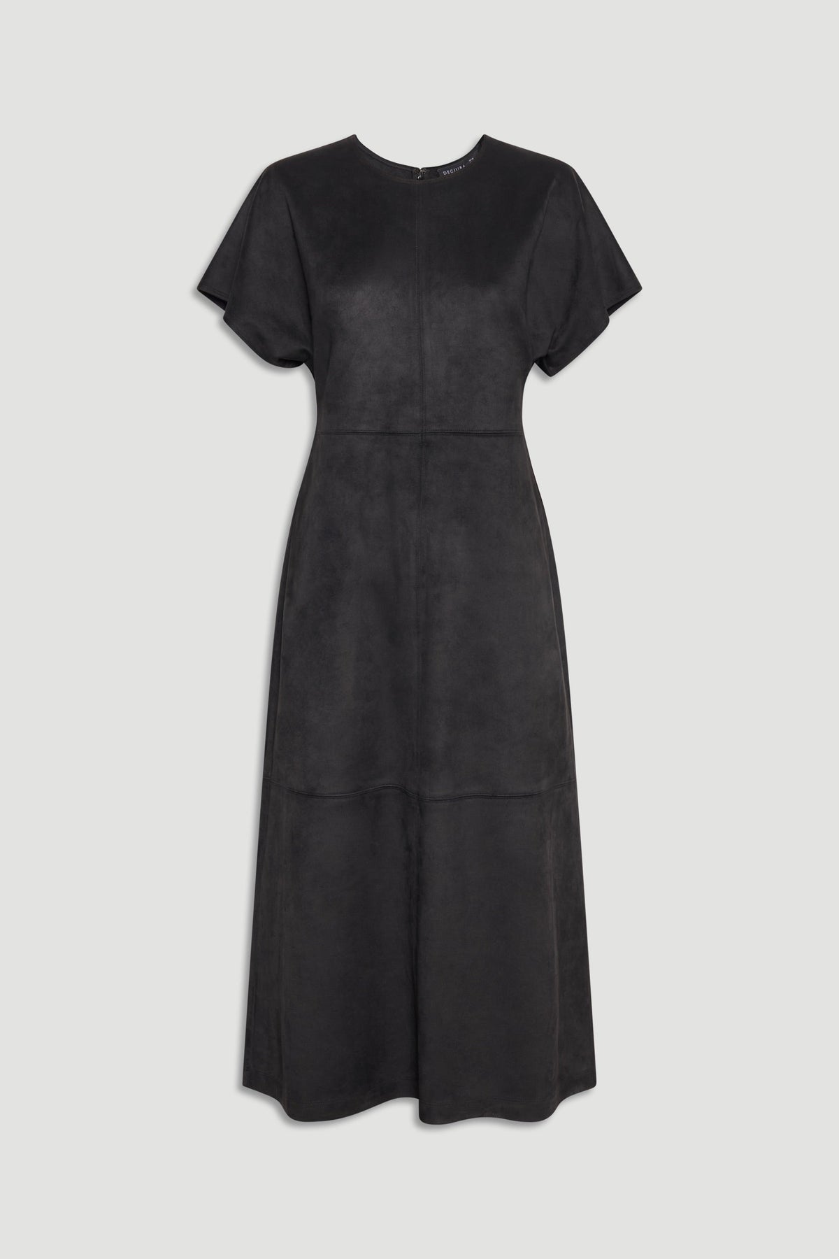 Clara Faux Suede Midi Dress in deep black with short sleeves and a flattering, flowing silhouette by DECJUBA.