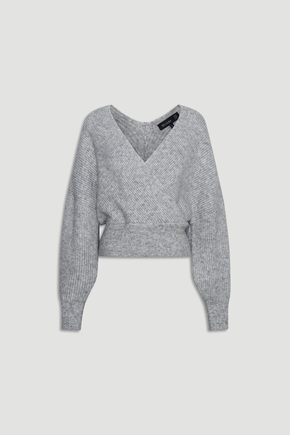 Soft grey knit jumper with a crossover V-neck and ribbed cuffs for a cozy, stylish fit