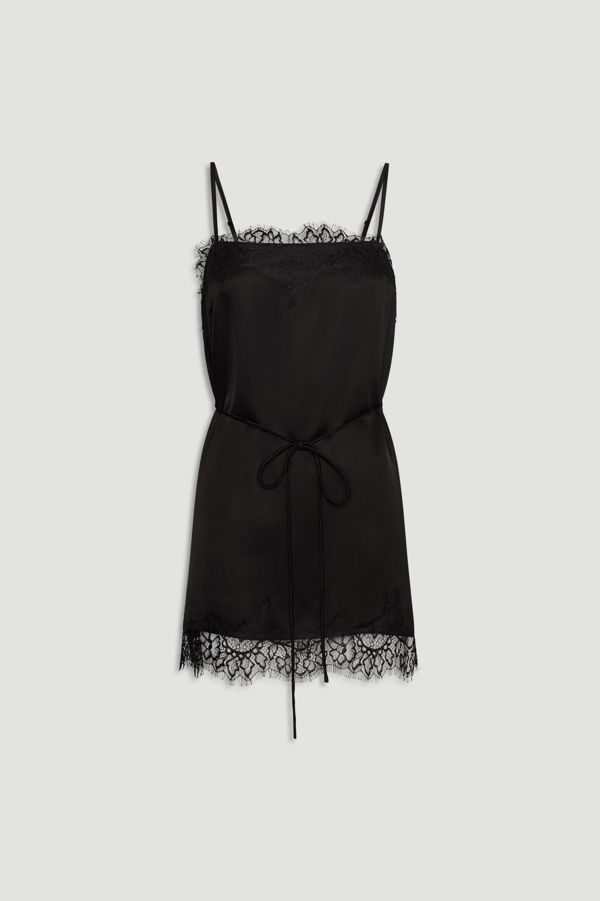 Black lace-trimmed slip dress with adjustable thin straps and a delicate waist tie for a feminine, elegant look.