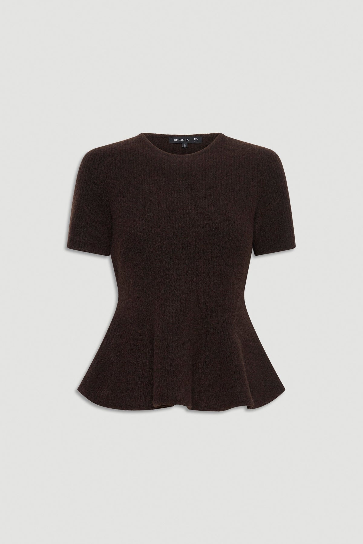Dark brown peplum knit top with short sleeves and a fitted waist for a flattering, feminine silhouette.