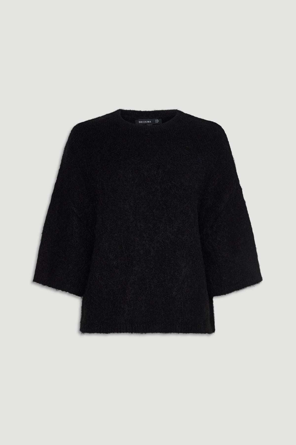 Black fluffy knit tee with relaxed three-quarter sleeves and a soft textured finish for everyday comfort.