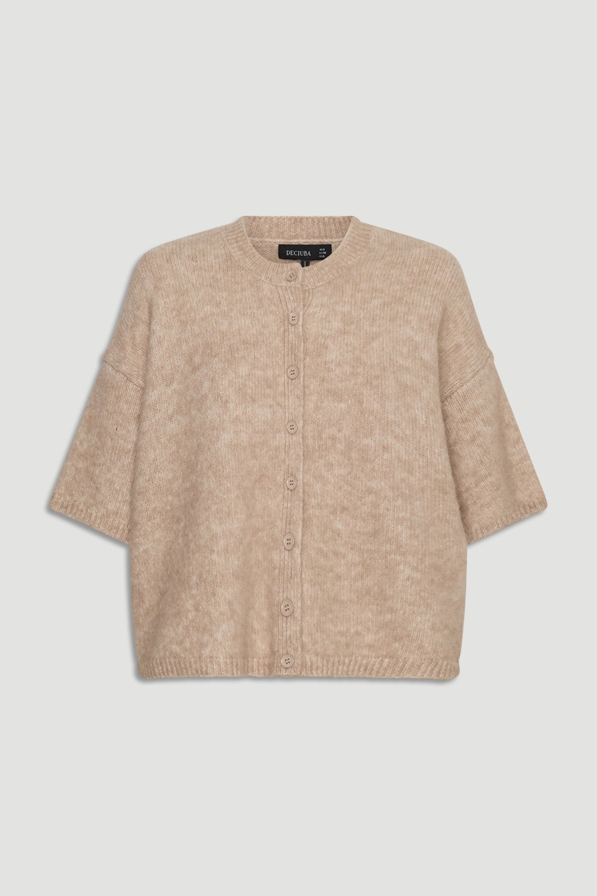 Beige boxy knit cardigan with short sleeves and button front, designed for a relaxed and versatile look.