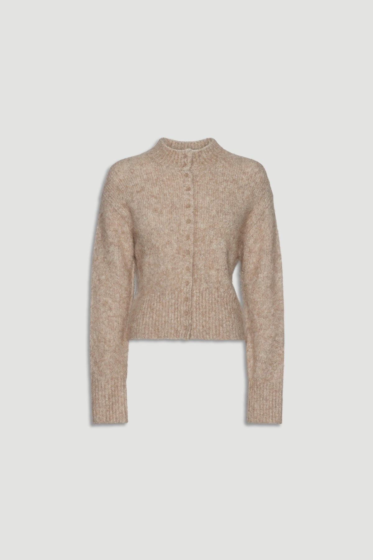 Soft stone-colored alpaca blend cardigan with button front and ribbed cuffs for a cozy, stylish layering piece.