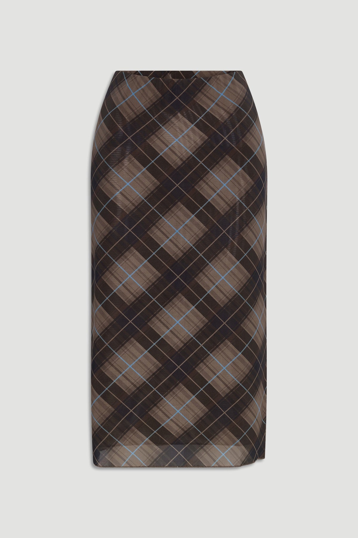 Knee-length mesh skirt featuring a soft brown and blue check pattern for a refined yet effortless style.
