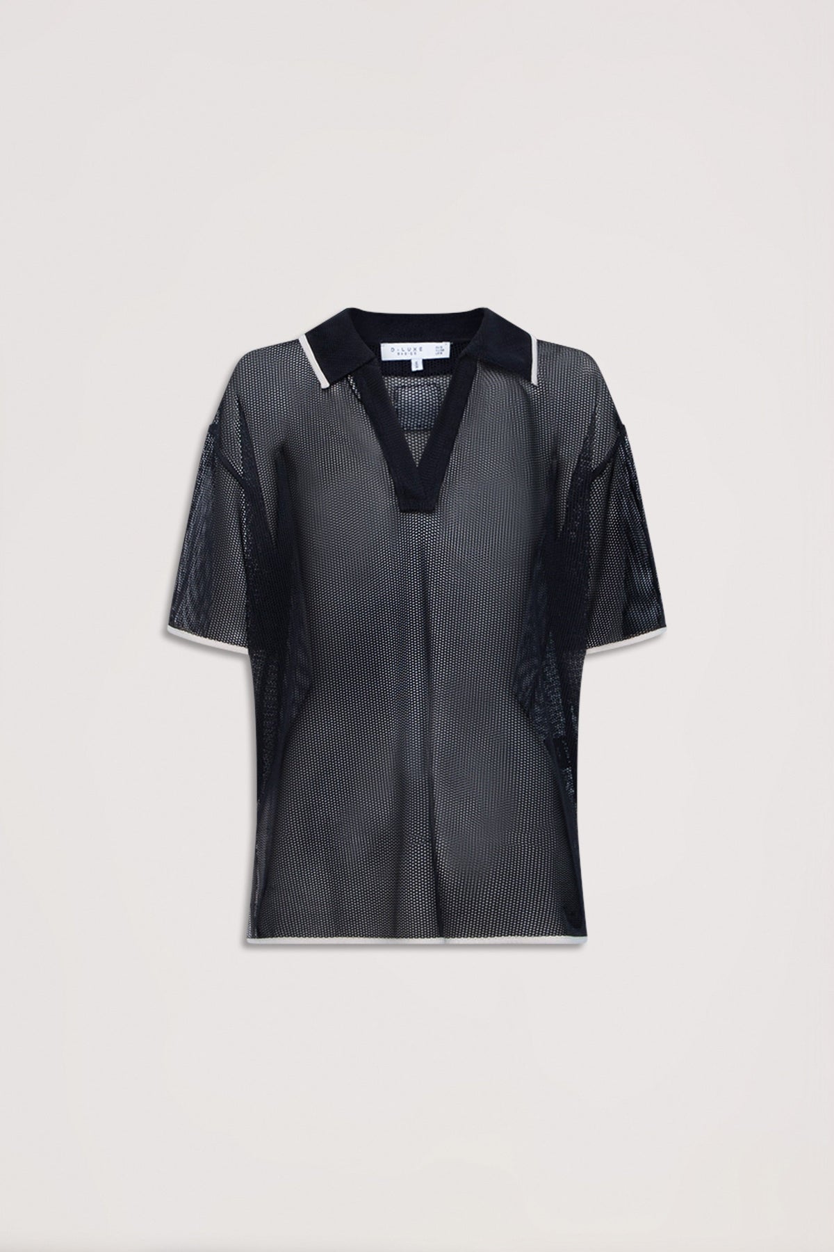 Black square knit polo top with white collar trim and short sleeves, lightweight and breathable design.