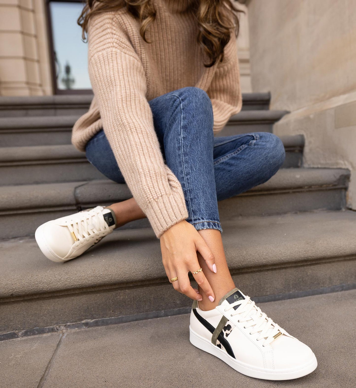 women's ecru leather sneaker with black and leopard print detailing