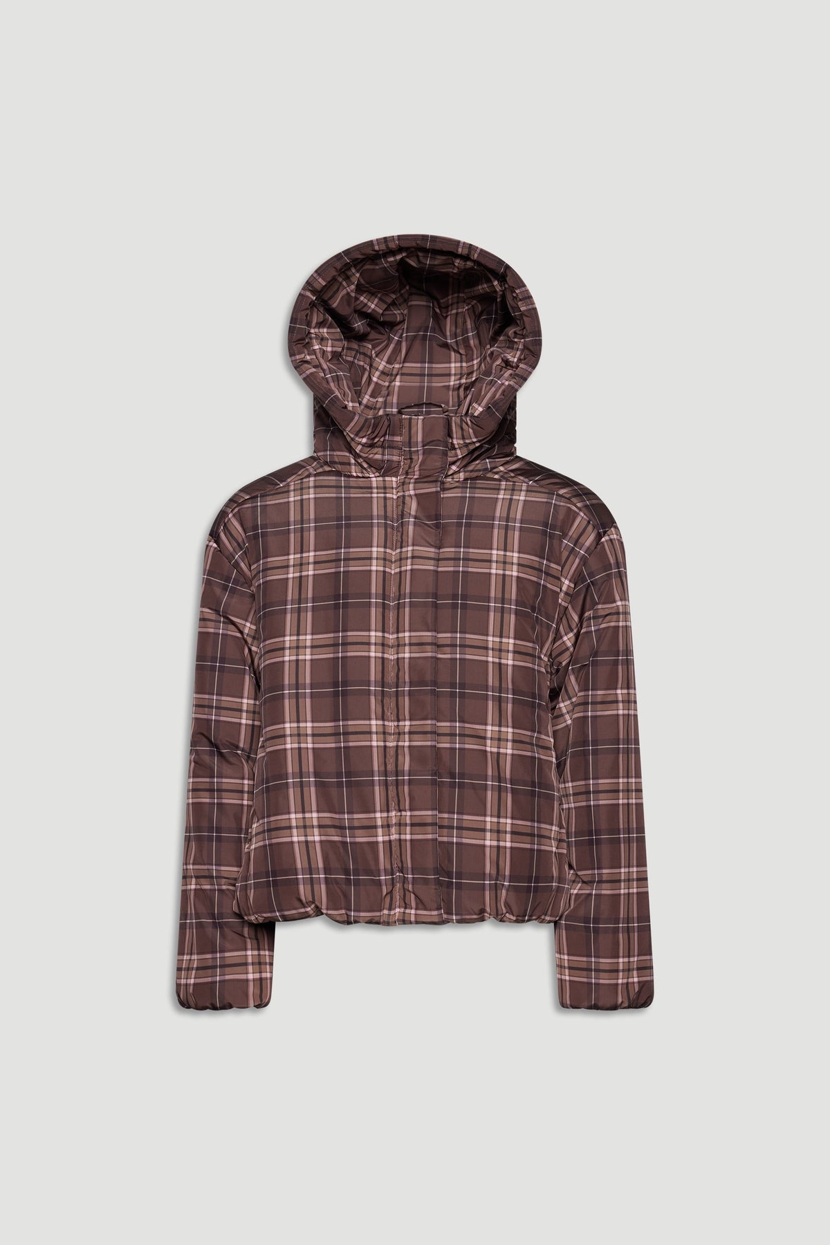 Brown checkered hooded puffer jacket with zip front and elastic hem for a cozy, stylish girls' cold-weather layer.