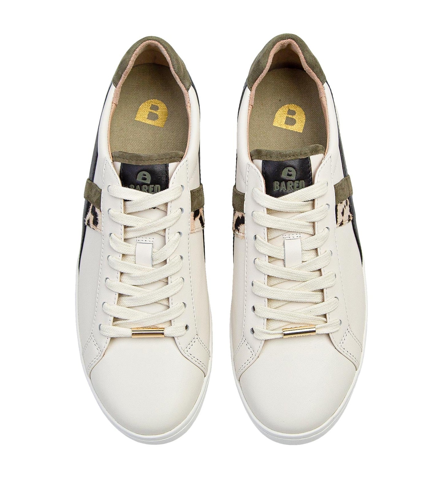 women's ecru leather sneaker with black and leopard print detailing