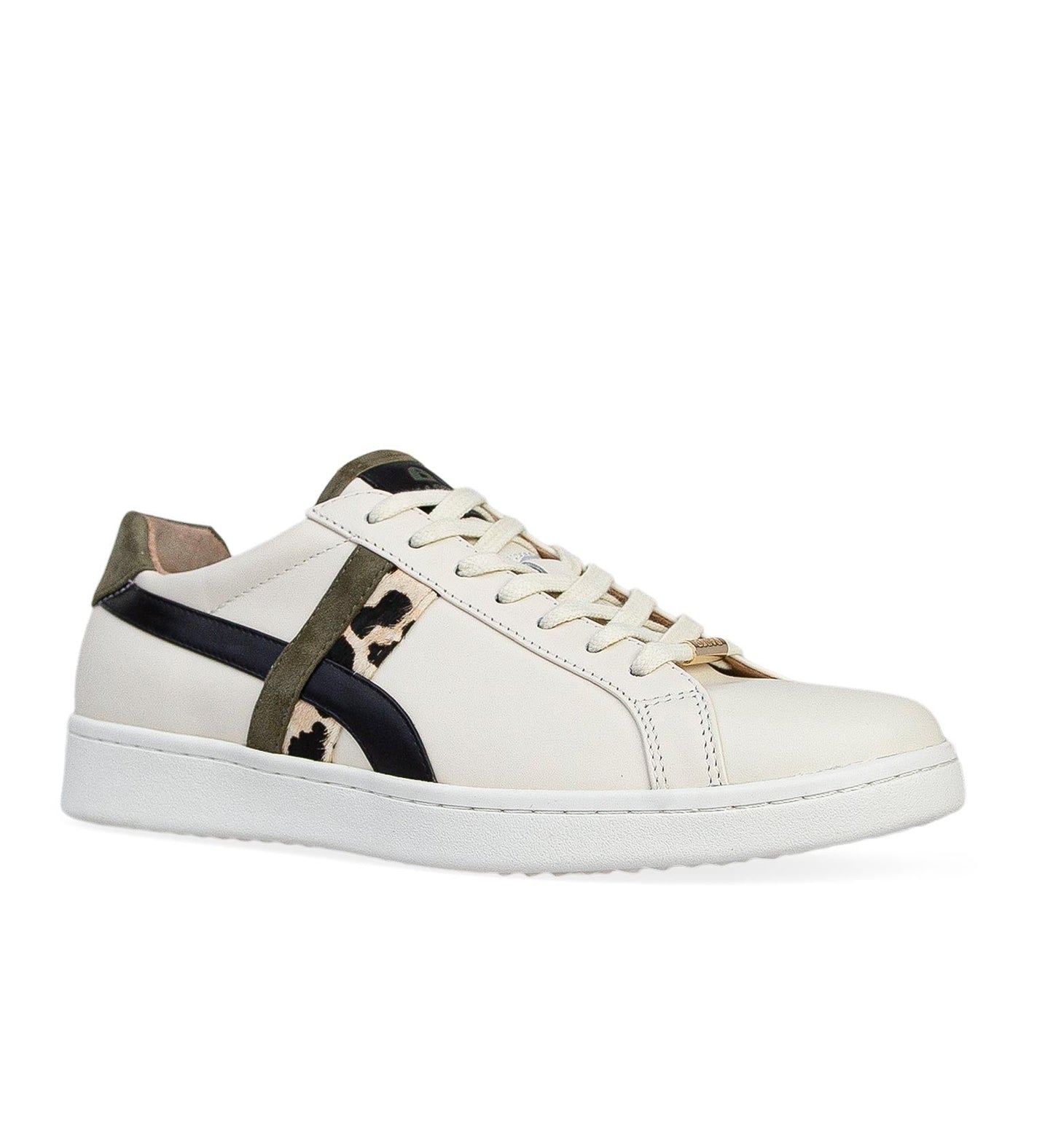 women's ecru leather sneaker with black and leopard print detailing