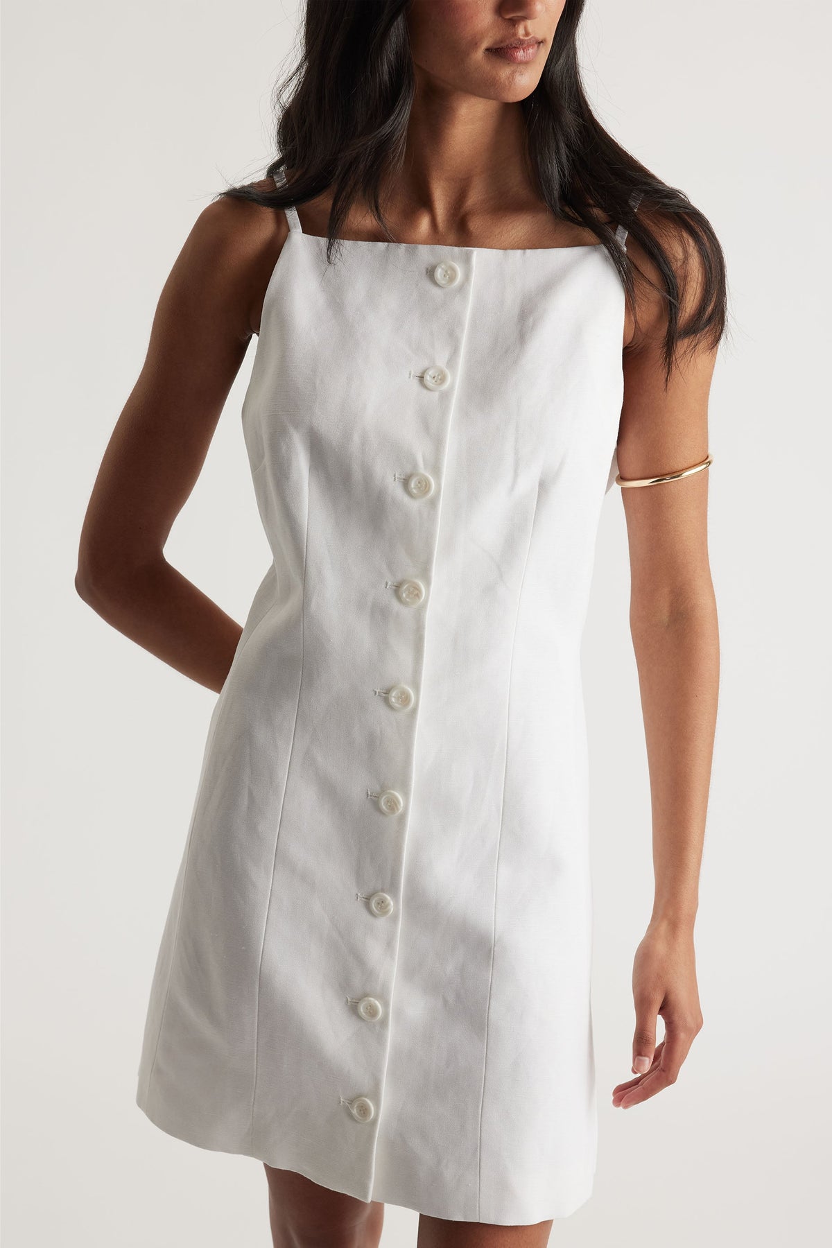 Benne Button Front Vest Dress in white with square neckline and button through closure, gallery position 2 portrait view.