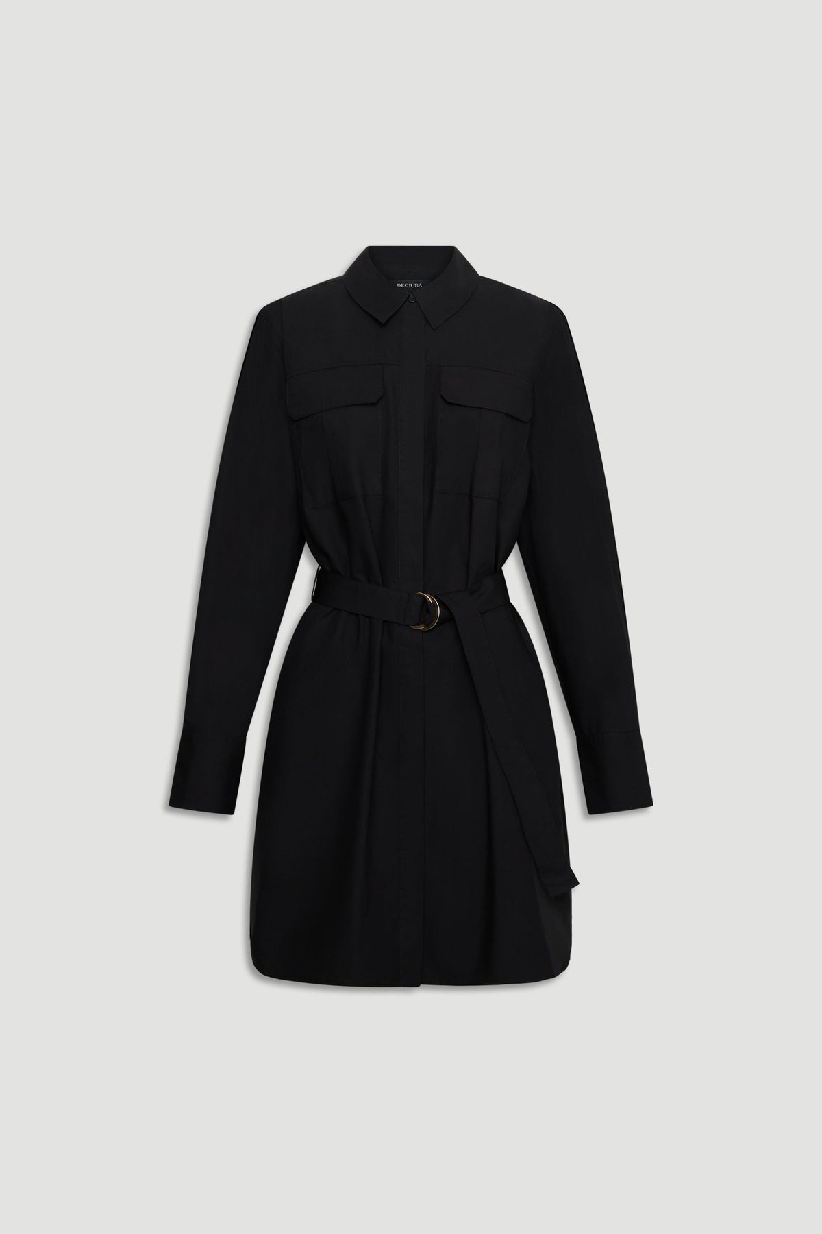 Black long-sleeve mini shirt dress with notch collar, front flap pockets, and waist-cinching belt for a tailored look