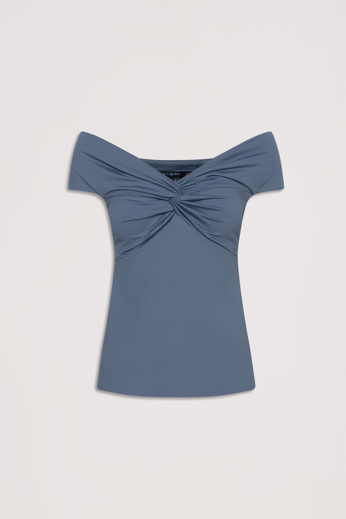 Petrol blue off-shoulder twist top with a fitted silhouette, offering a chic and polished look for everyday wear.