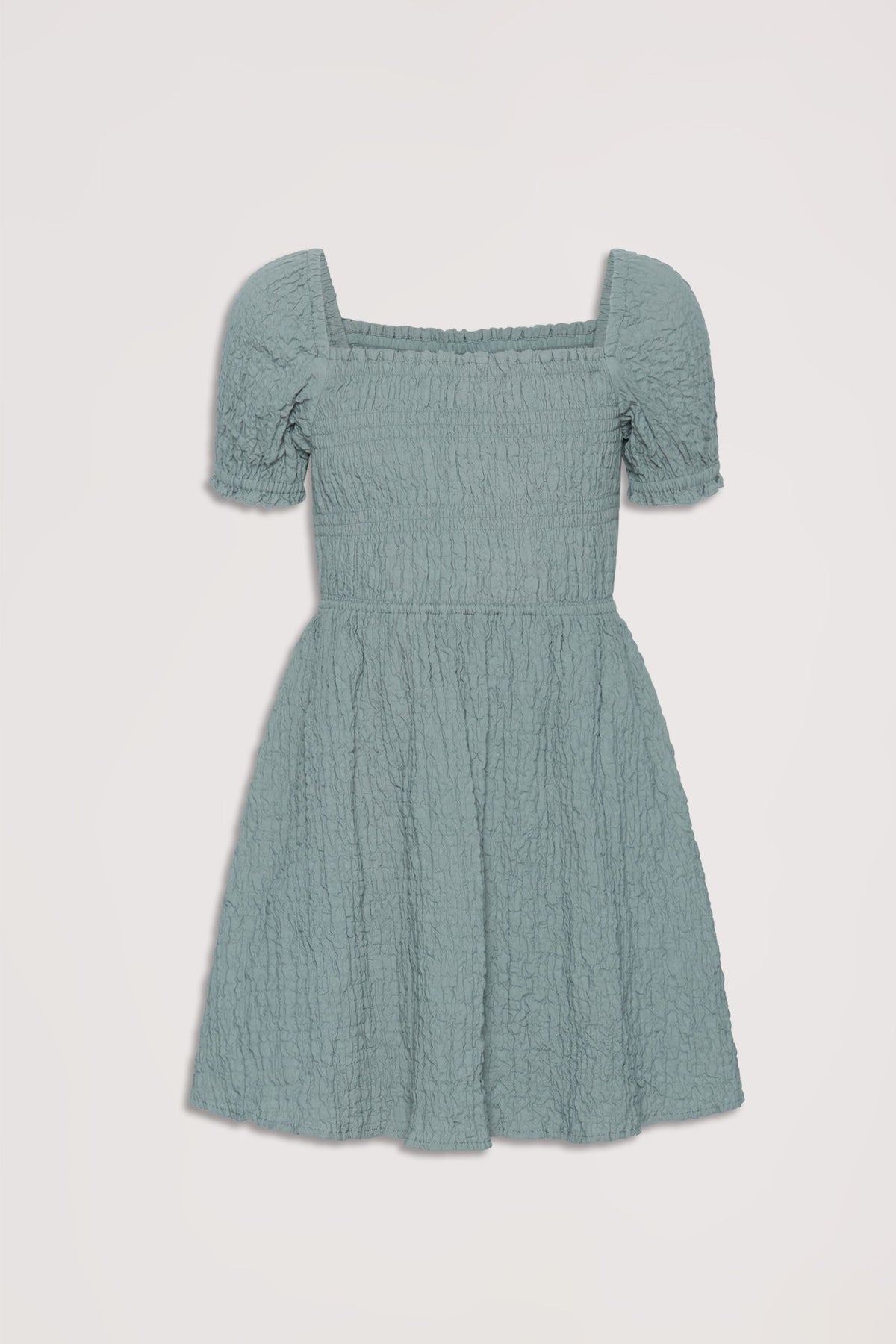 Light sage green textured mini dress with puff sleeves and a square neckline designed for girls.