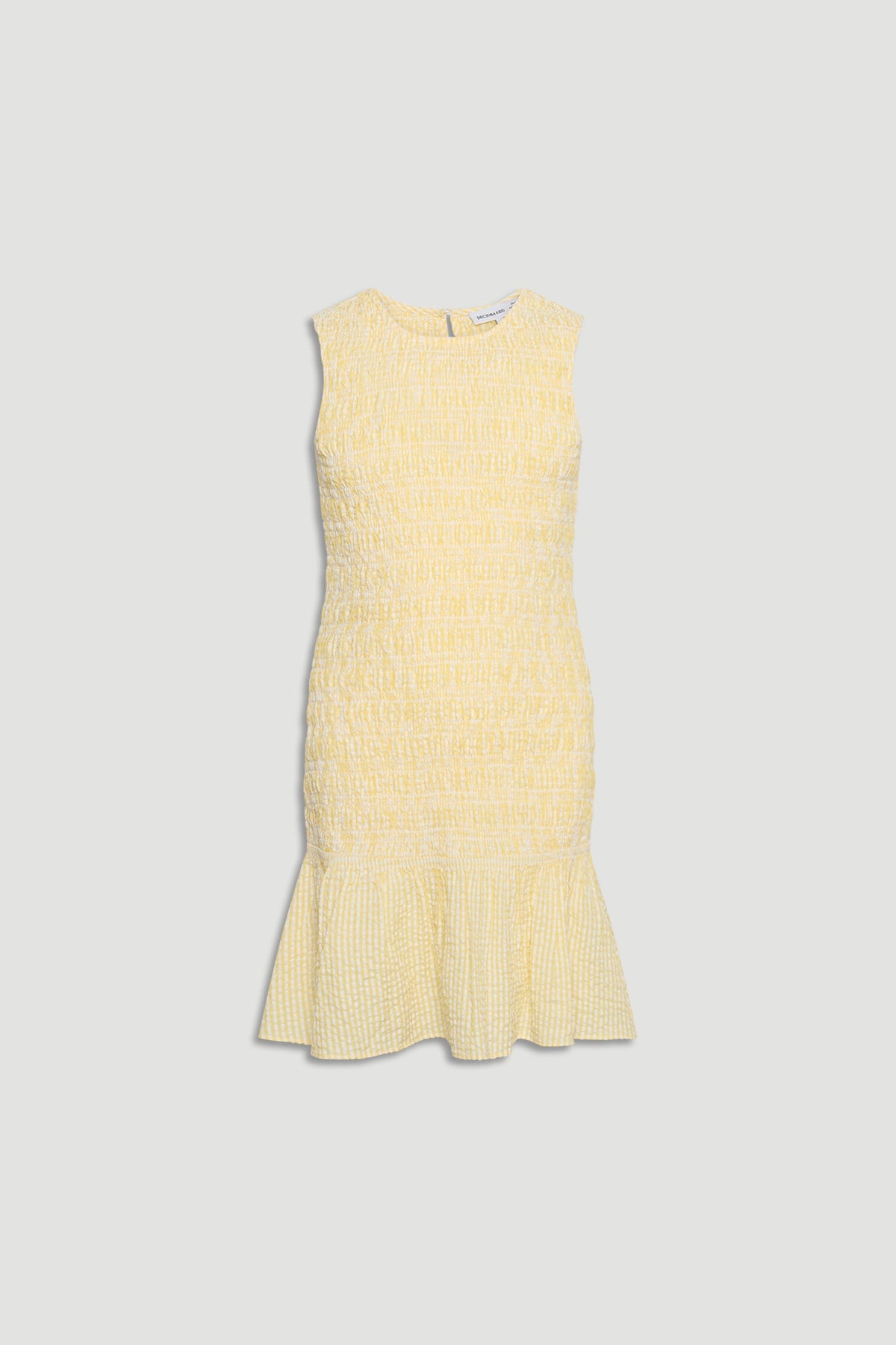 Pale yellow girls gingham dress with a sleeveless design and frill skirt