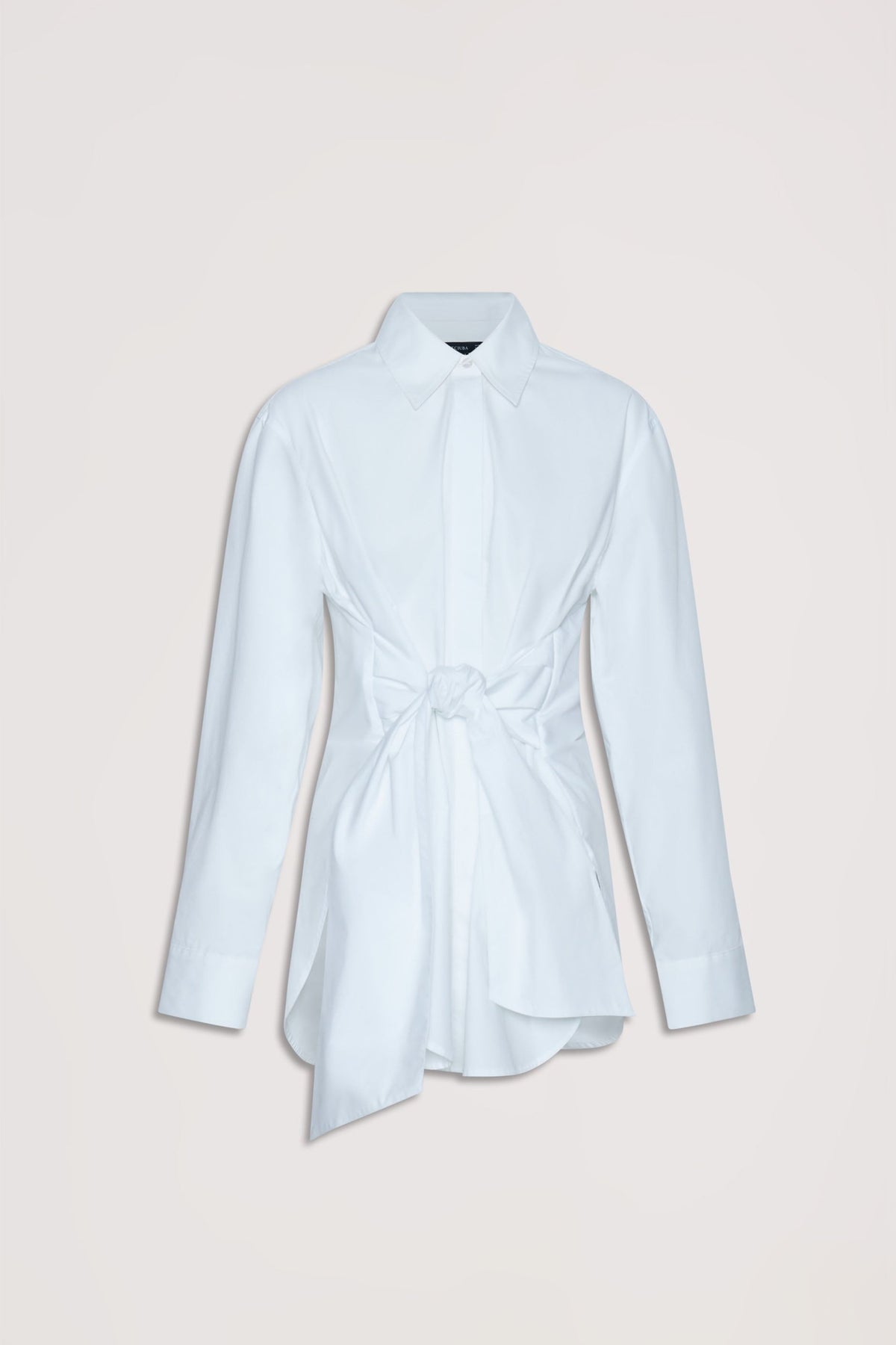Crisp white long-sleeve shirt featuring a front tie detail for a contemporary, polished everyday look.