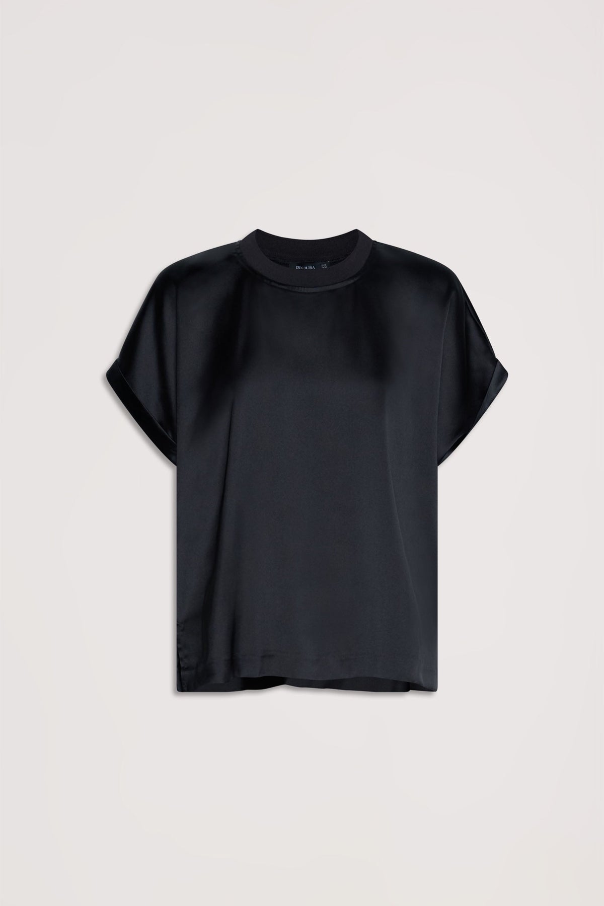 AnnMaree Satin Tee in black with a relaxed fit, rolled sleeves, and smooth satin finish by DECJUBA Australian fashion brand