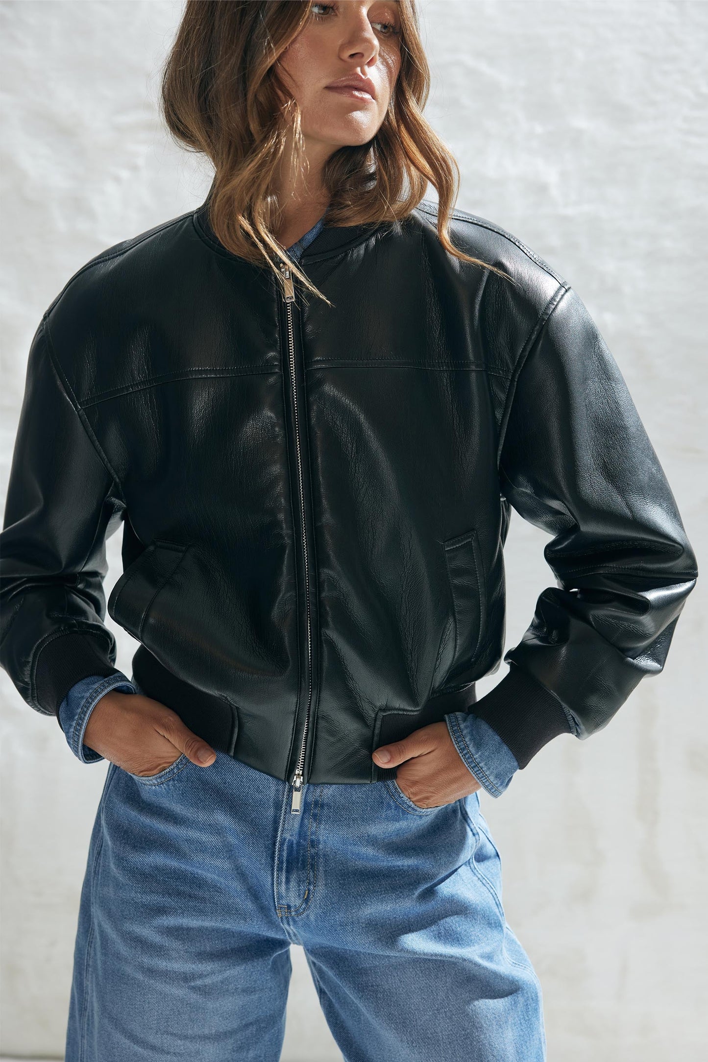 Billie Cropped PU Bomber