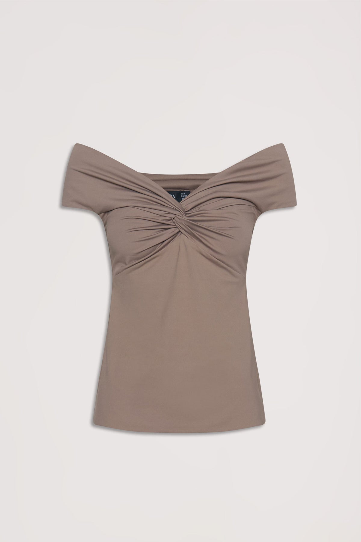 Taupe off-shoulder top with a twisted front detail, designed for a flattering and effortless everyday look.