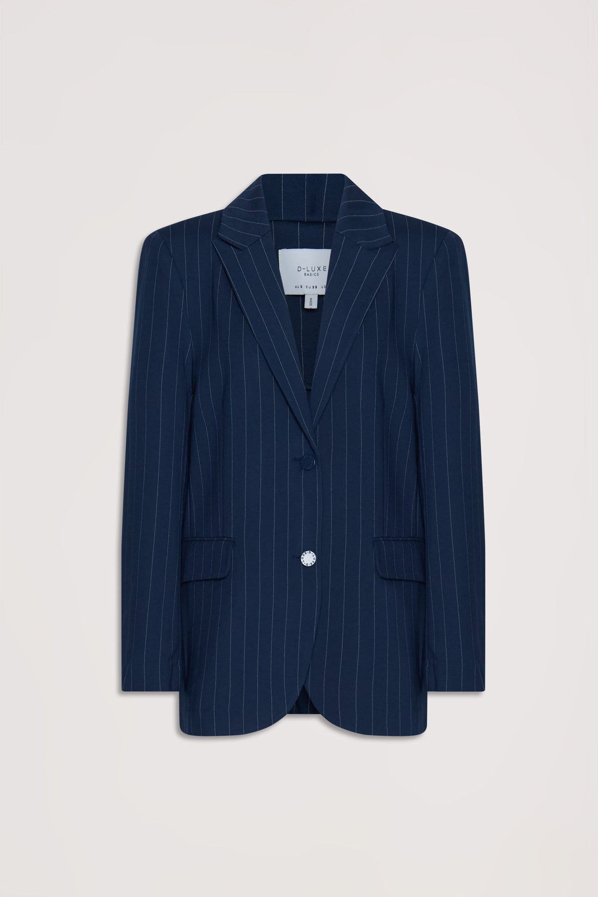 Navy pinstripe blazer with notch lapels, button closure and front pockets