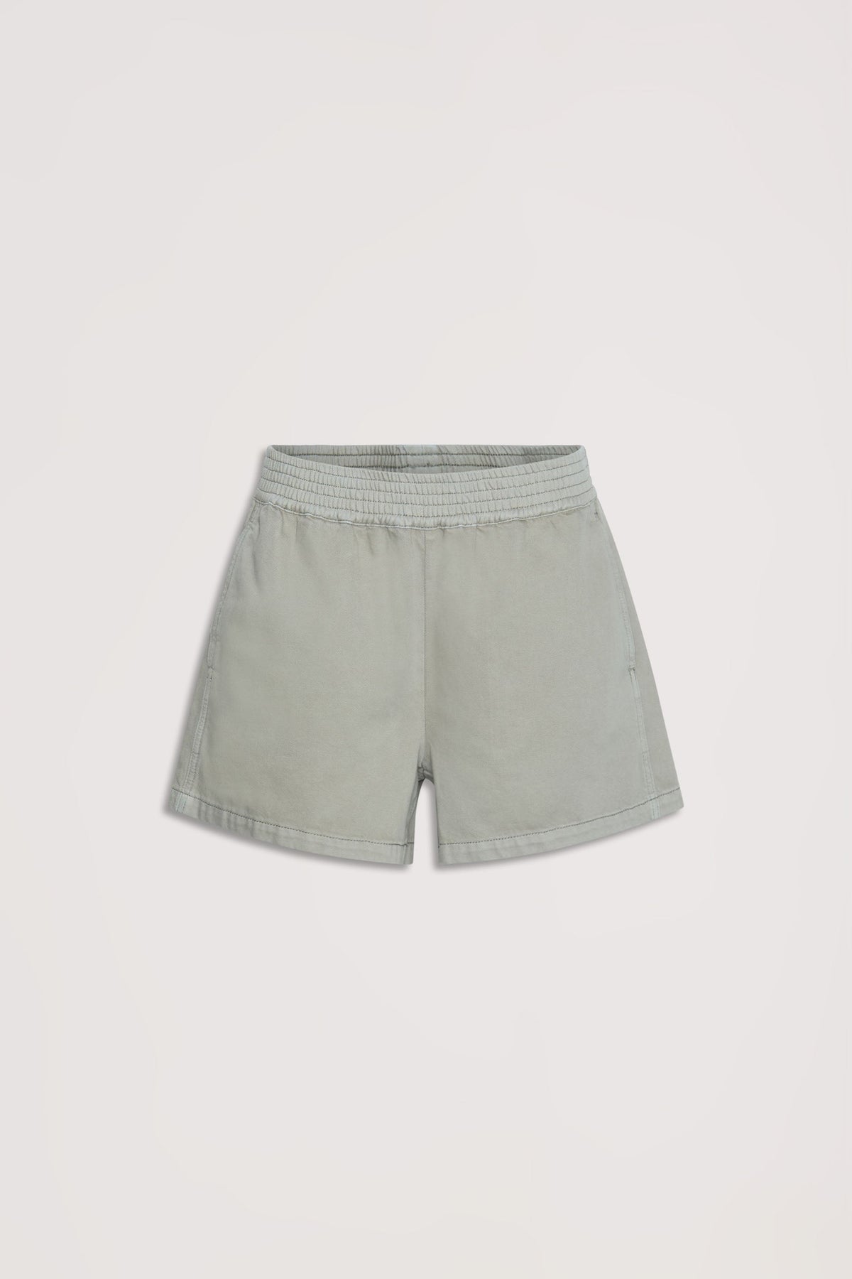 Soft thyme green pull-on shorts with elastic waistband offering relaxed comfort and easy everyday style