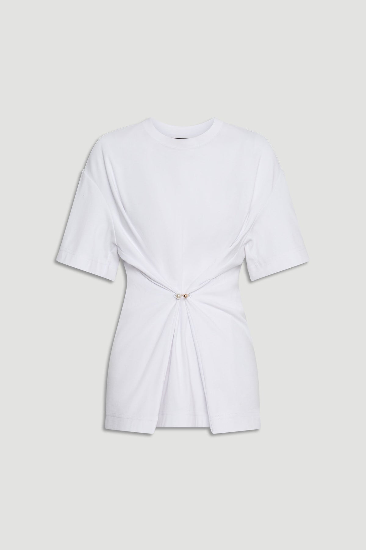 White short sleeve tee with gathered front detail secured by metal accent for a modern casual look