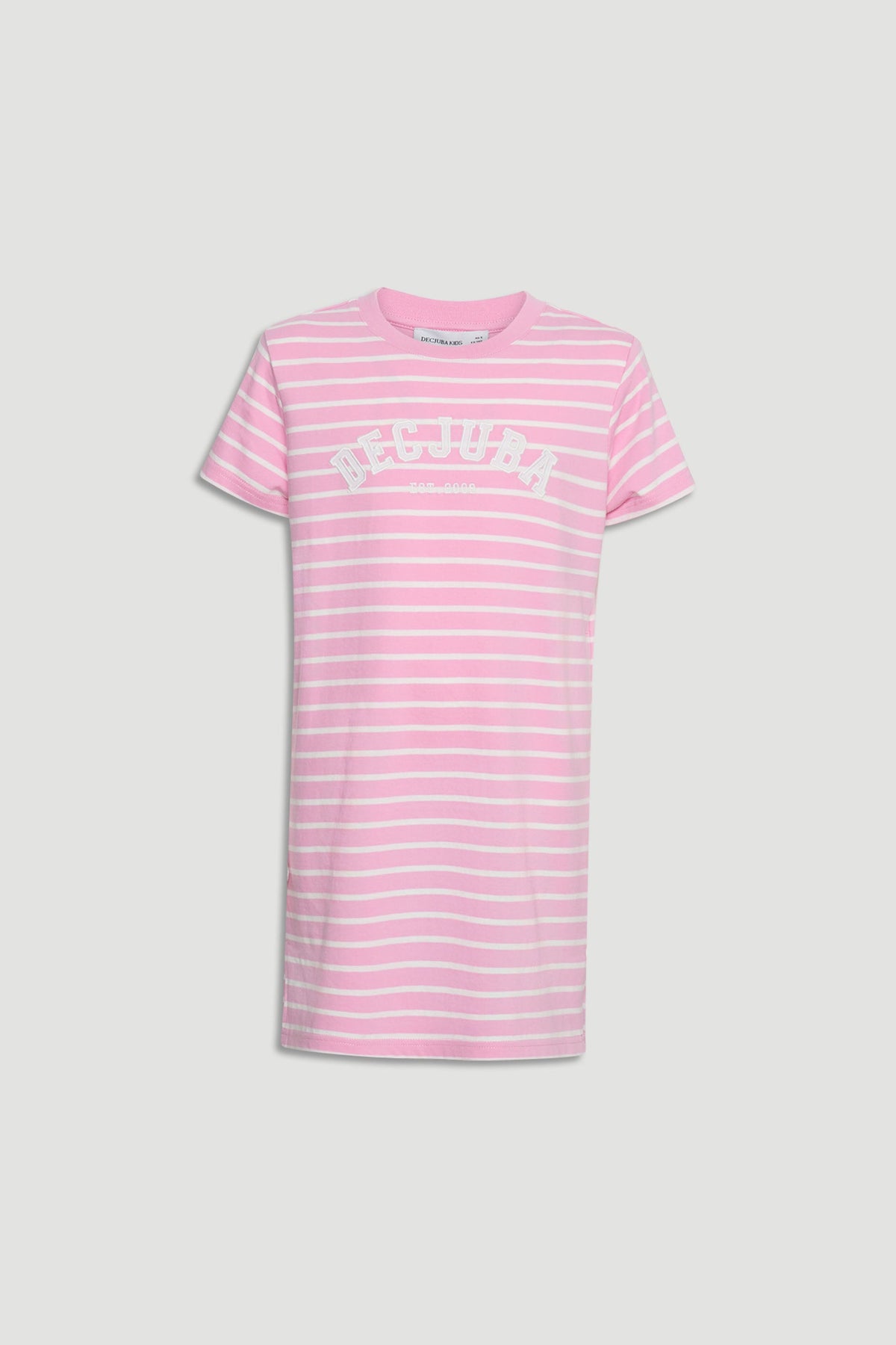 Pink and white striped girls rugby tee dress with short sleeves and casual crew neckline for everyday wear