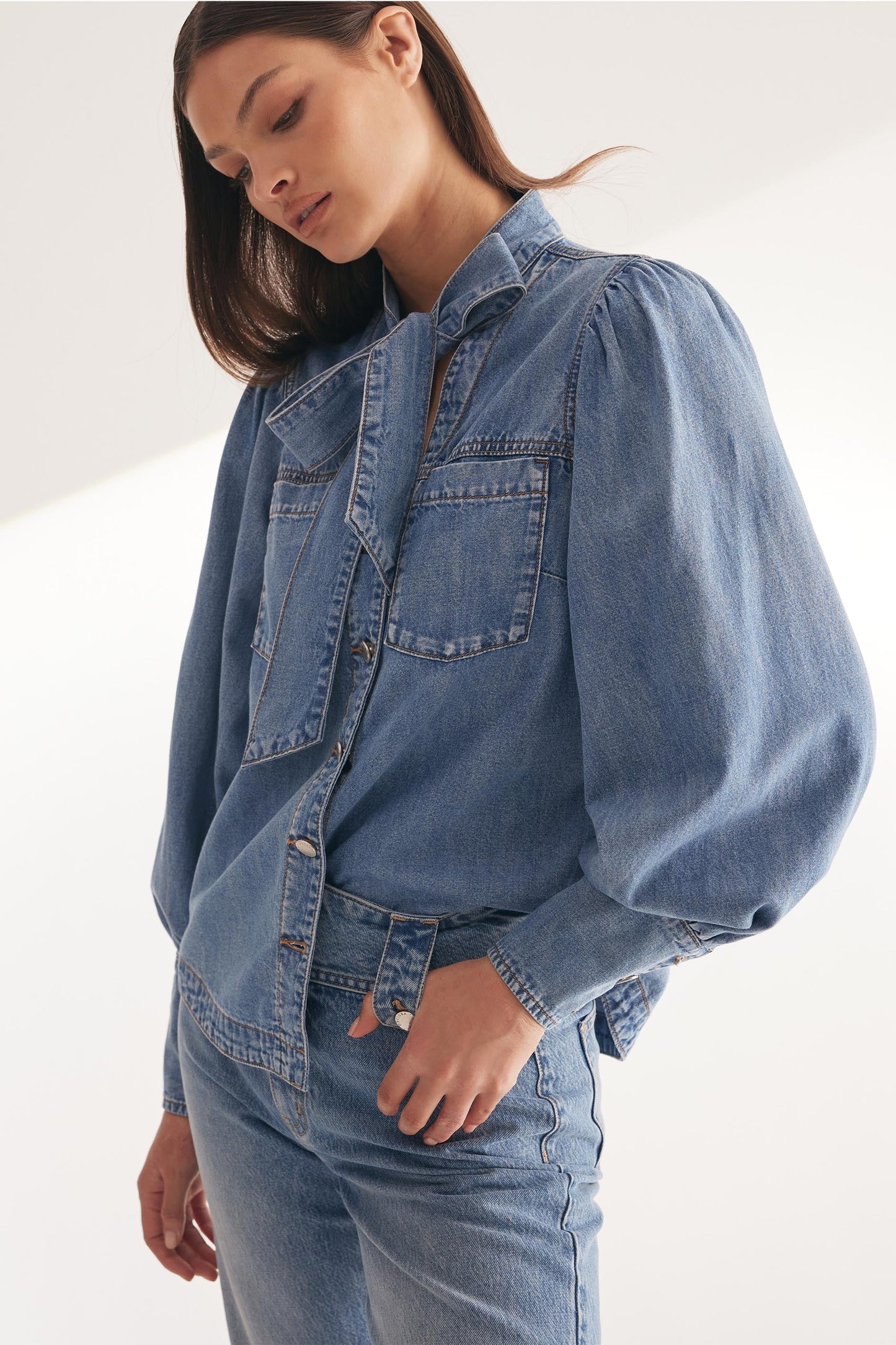 Harmony Bow Tie Denim Top