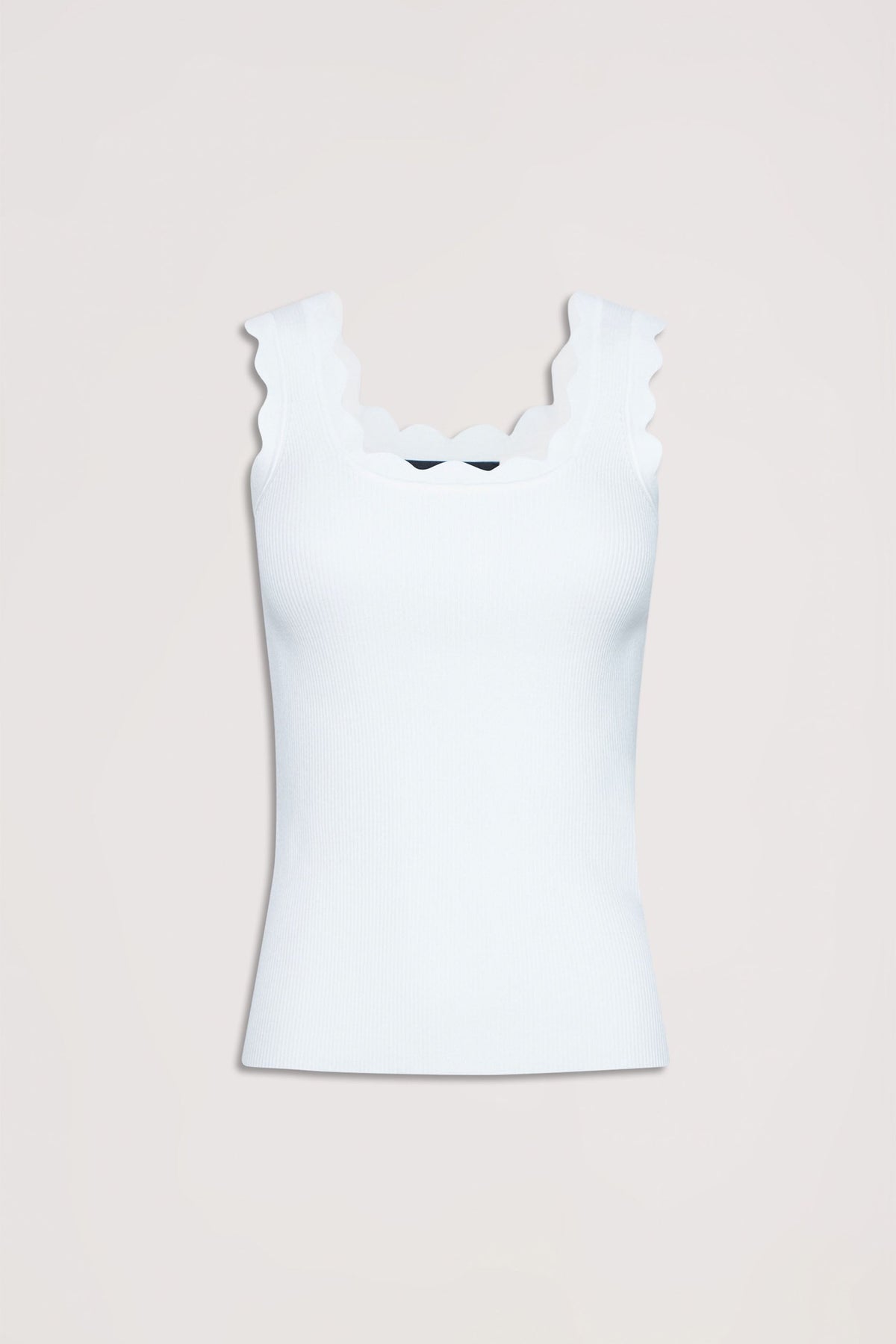 White ribbed tank top with scalloped edges and wide straps, featuring a square neckline and a neat fit.