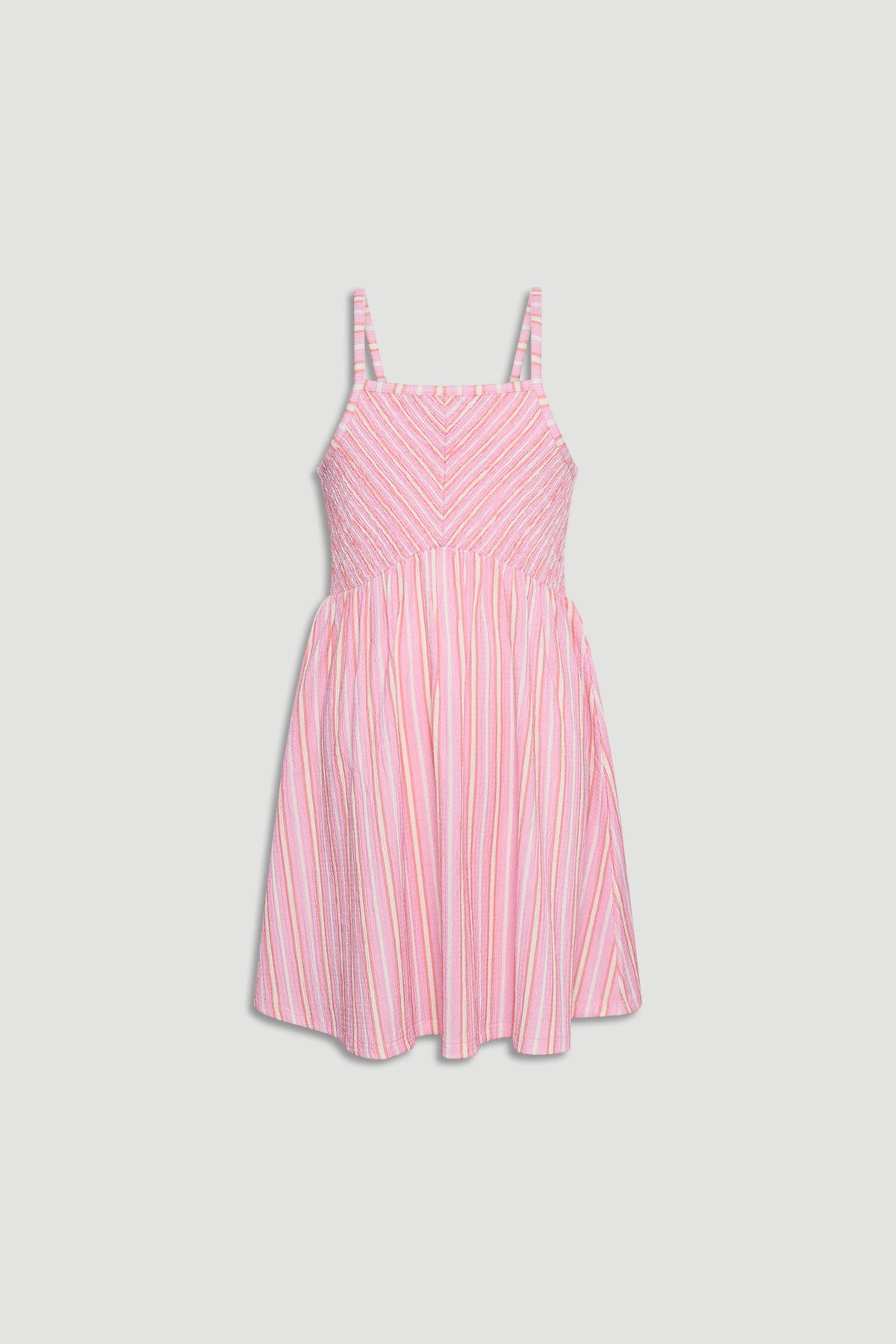 Pink and white striped girls dress with shirred bodice and thin shoulder straps in a light, airy fabric