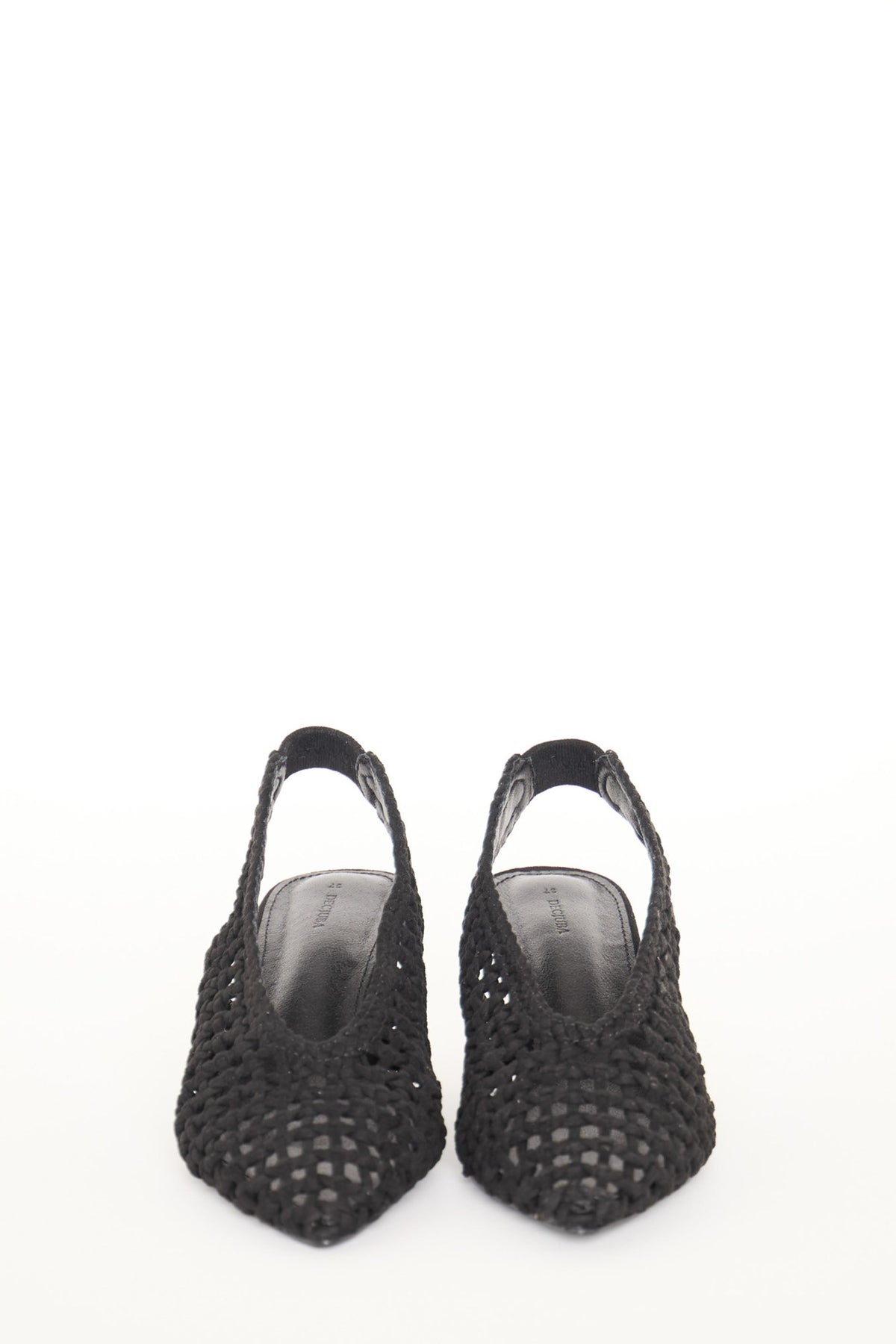 Pair of black suede pointy-toe slingback heels featuring a woven texture and low heel for elegant everyday wear