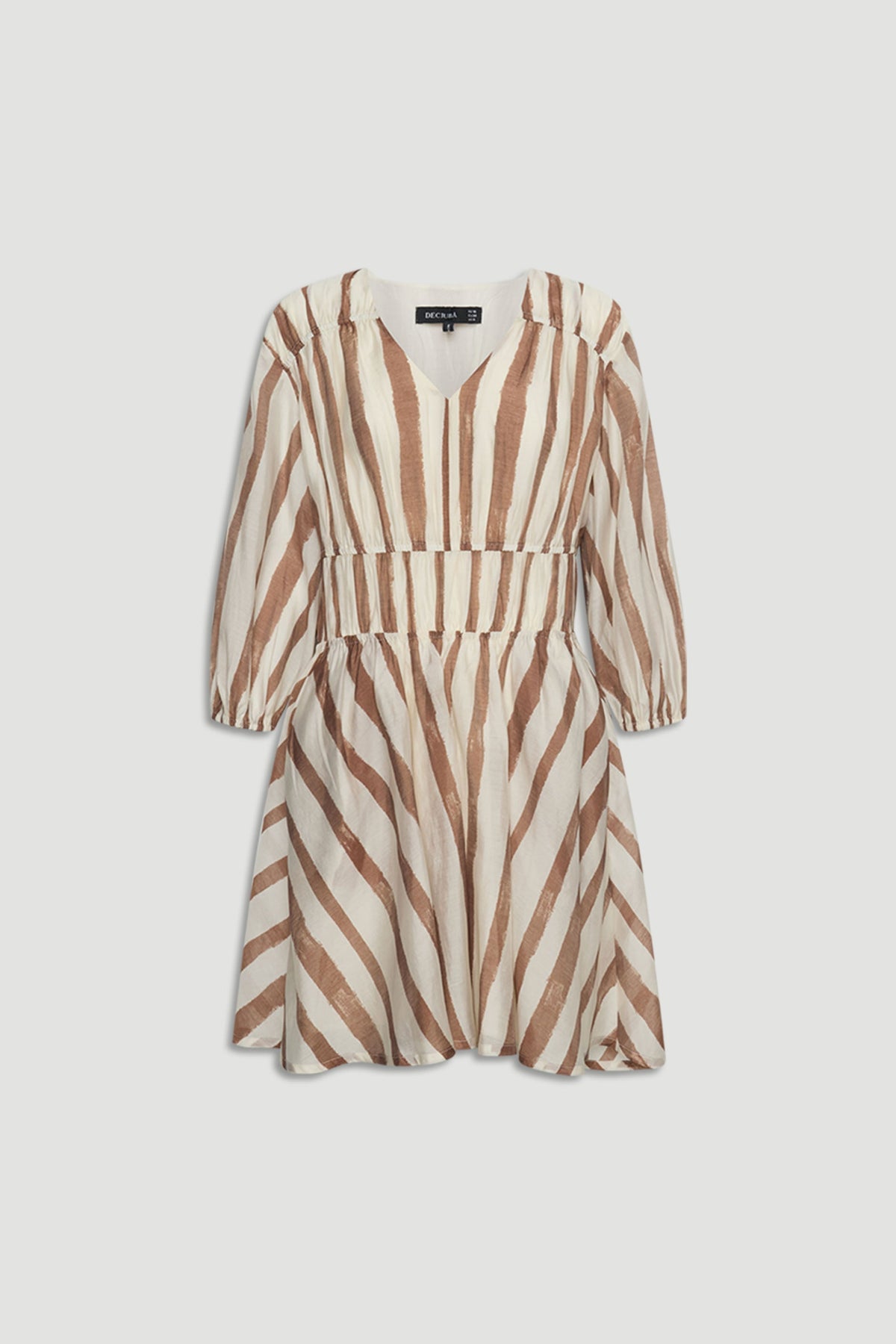 Cream and soft brown striped tiered mini dress with long sleeves and relaxed fit for effortless style