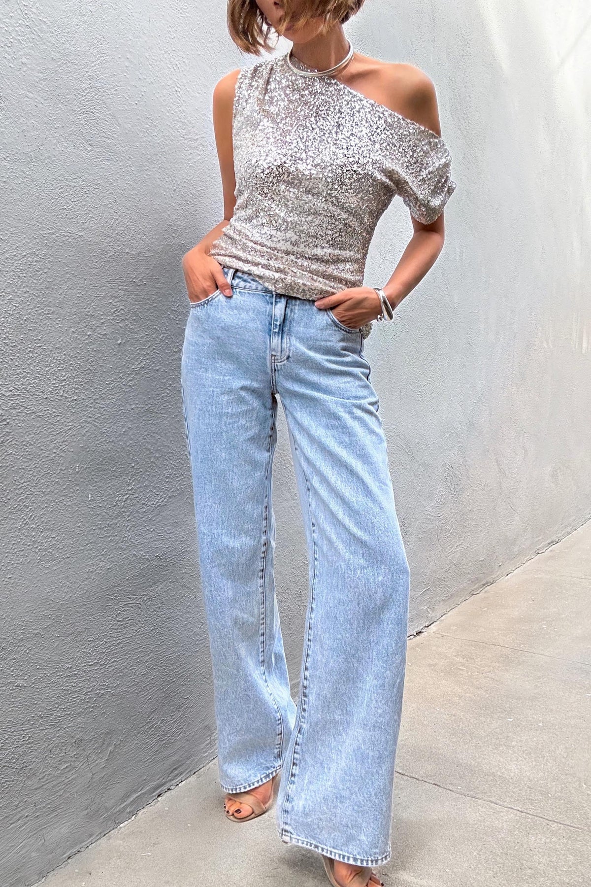 Mae Tipped Shoulder Sequin Top