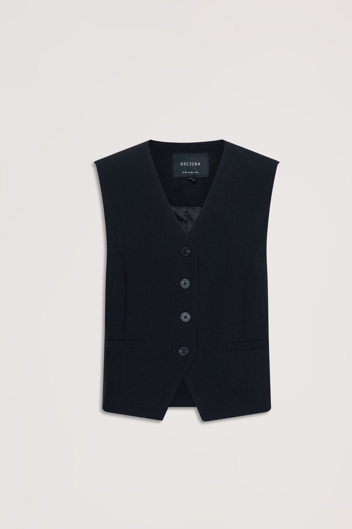 Black tailored vest with a sleek silhouette, featuring four buttons and subtle welt pockets for a refined finish